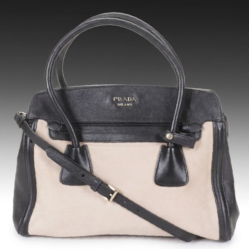Prada Canapa Two-Way Tote in Beige Canvas and Black Saffiano Leather