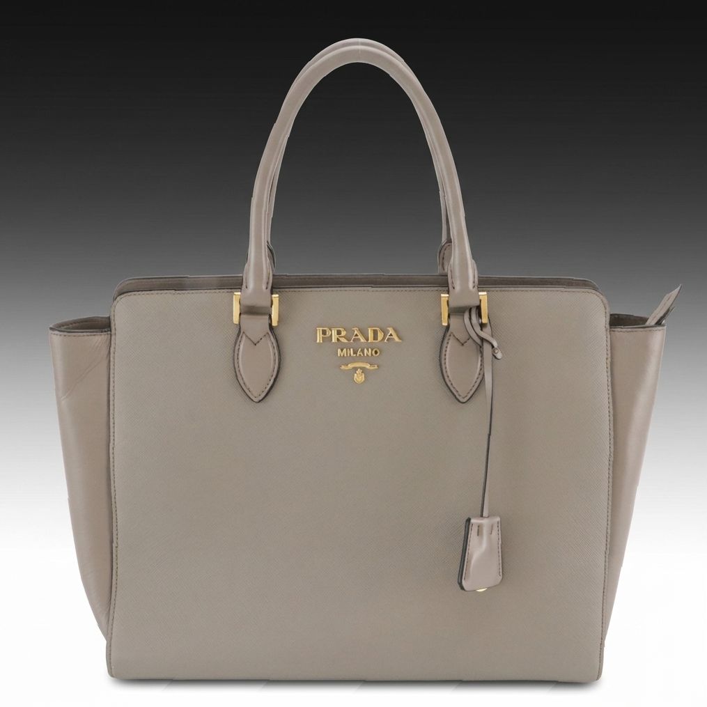 Prada Two-Way Zip Tote Bag in Grey Saffiano Lux and Smooth calfskin Leather