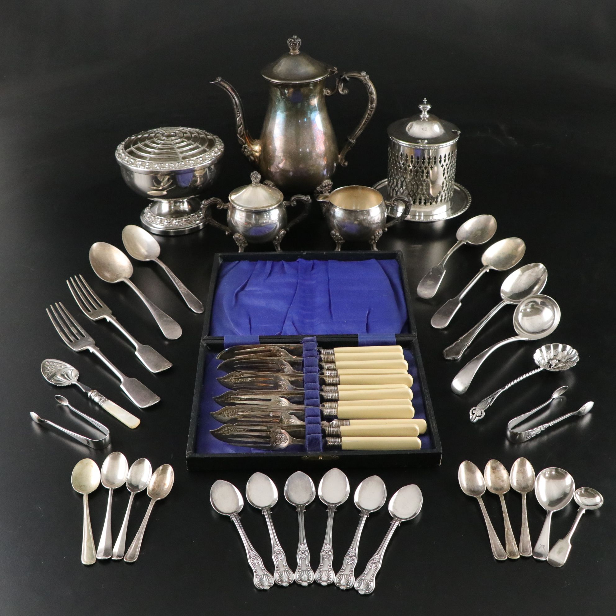 Silver Plate Teapot, Flatware, Serving Utensils and More