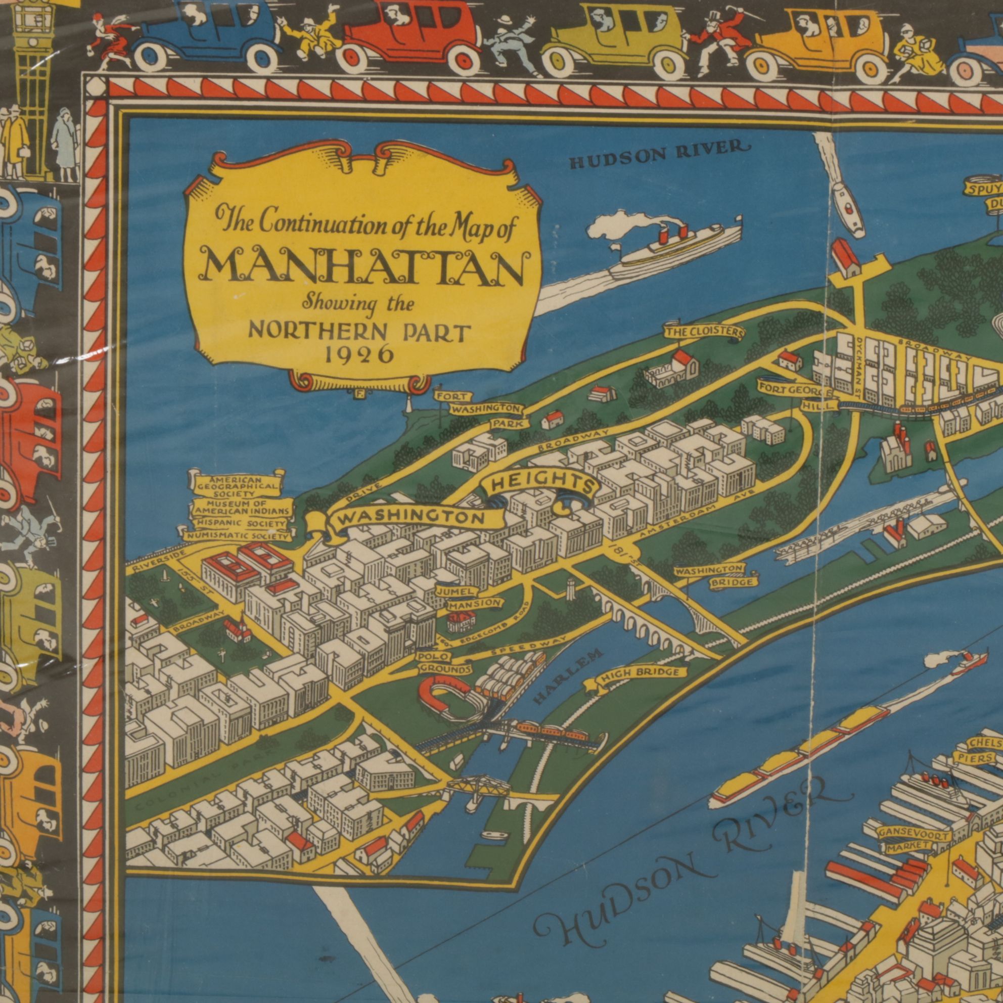 Charles V. Farrow Art Deco Lithograph Pictorial Map of Northern Manhattan, 1926