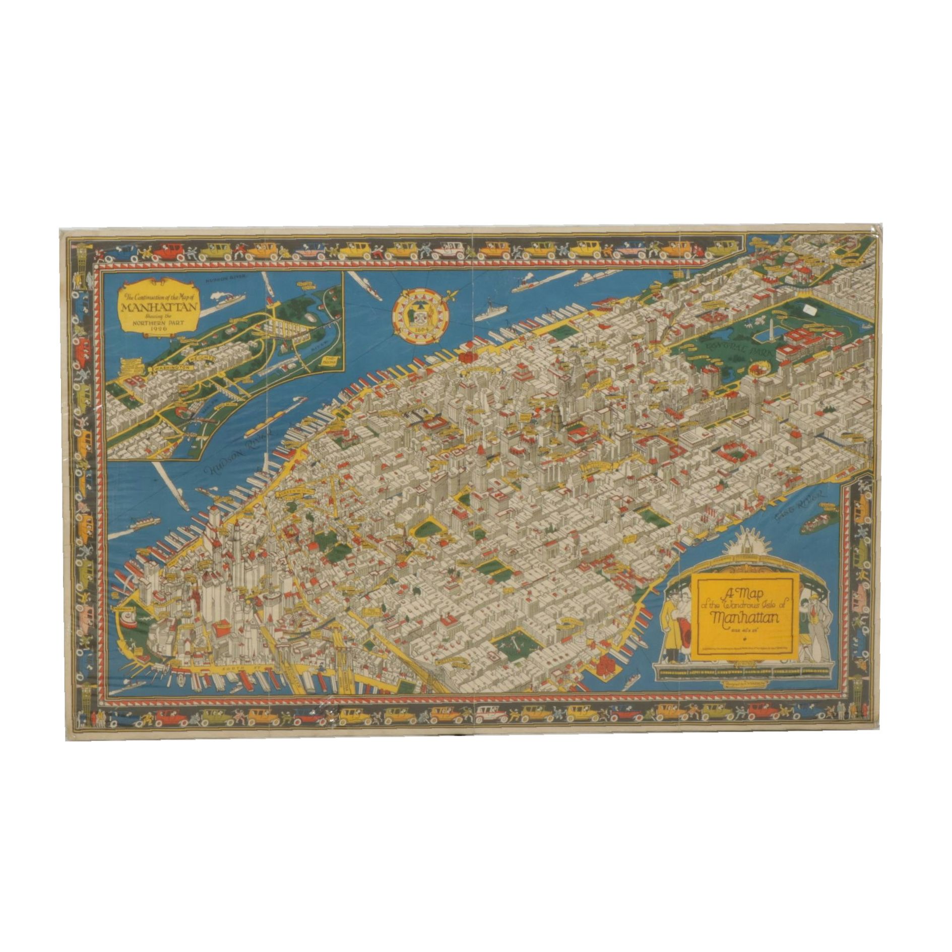 Charles V. Farrow Art Deco Lithograph Pictorial Map of Northern Manhattan, 1926