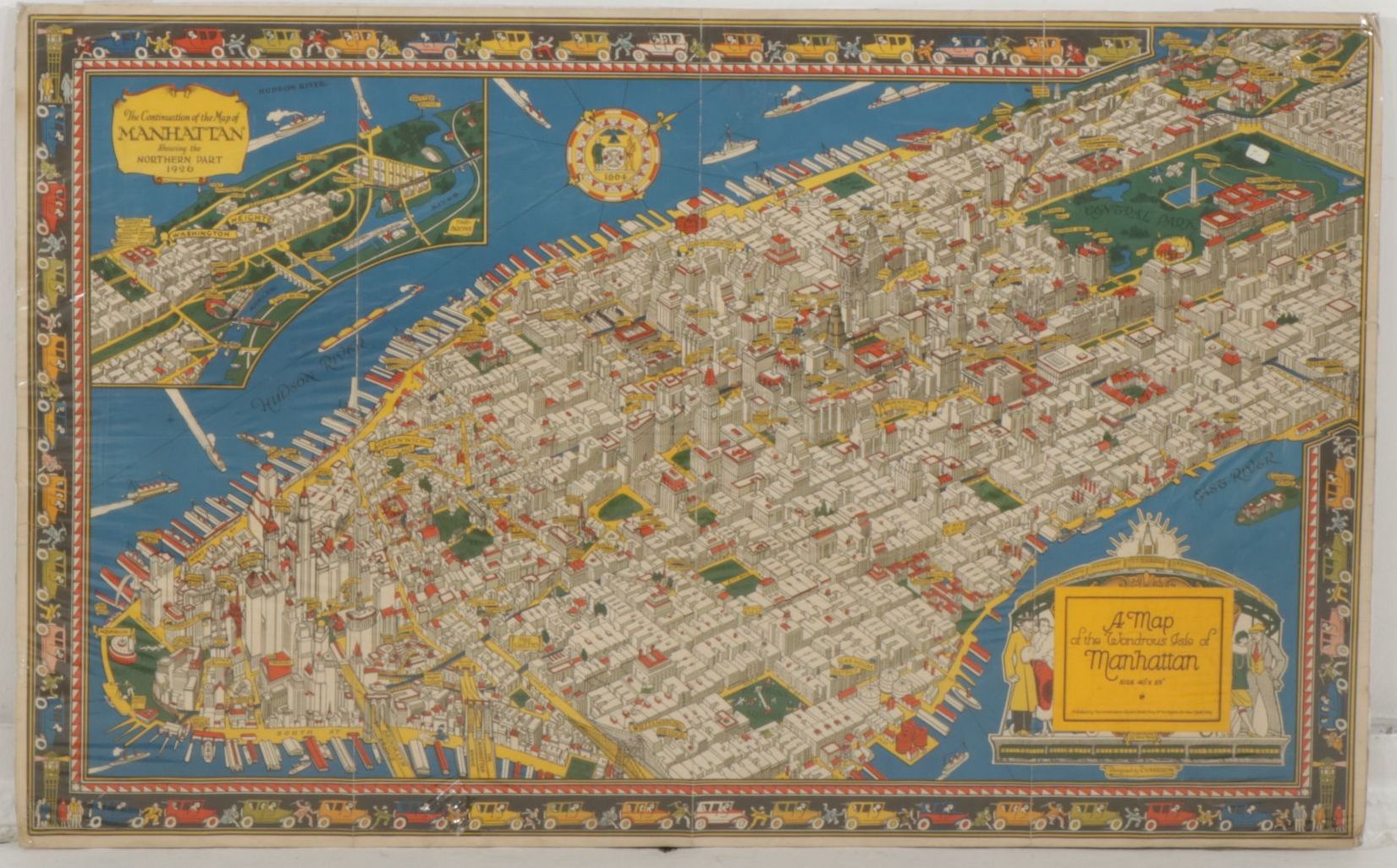 Charles V. Farrow Art Deco Lithograph Pictorial Map of Northern Manhattan, 1926