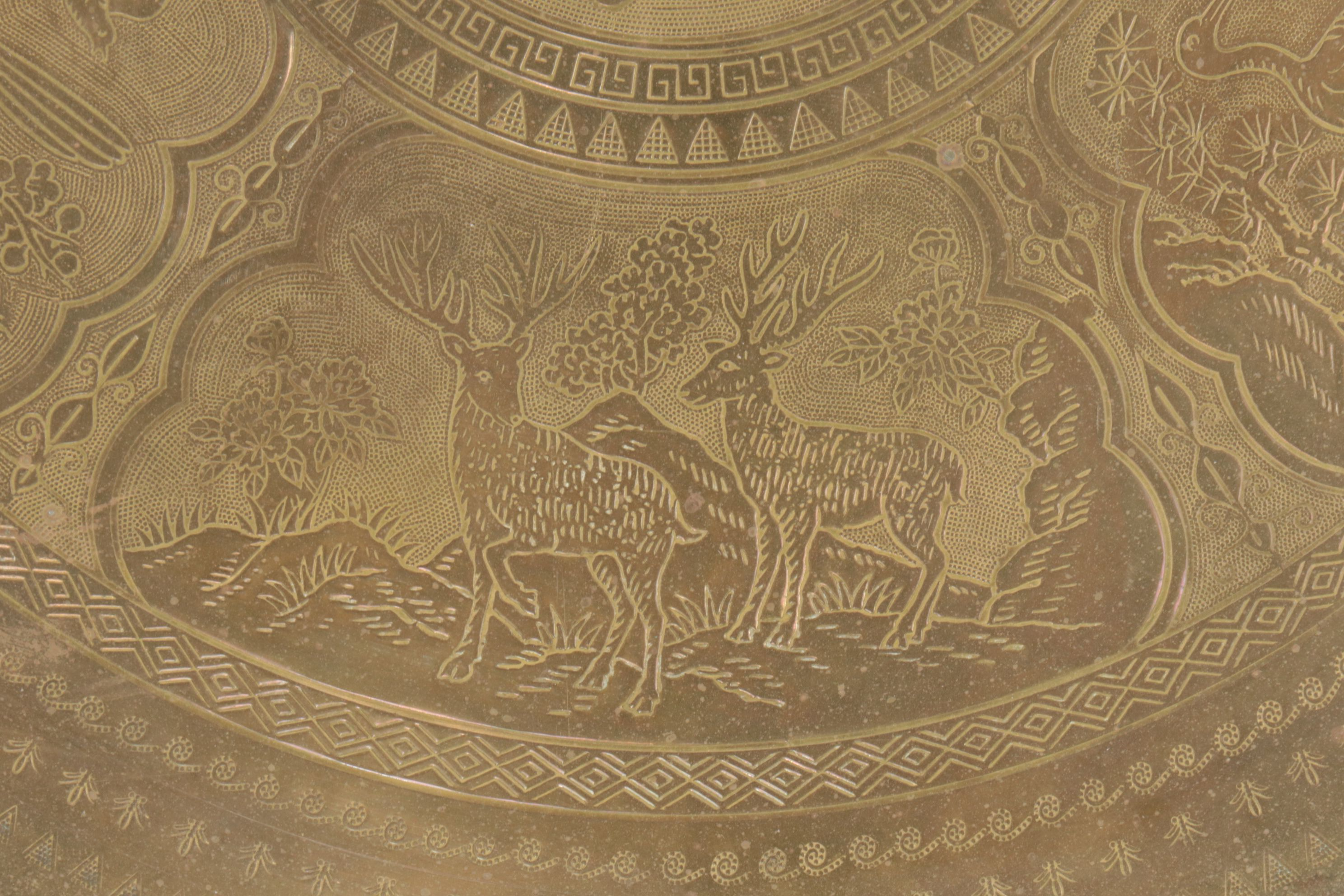 Chinese "Good Fortune" Engraved Brass Tray Top