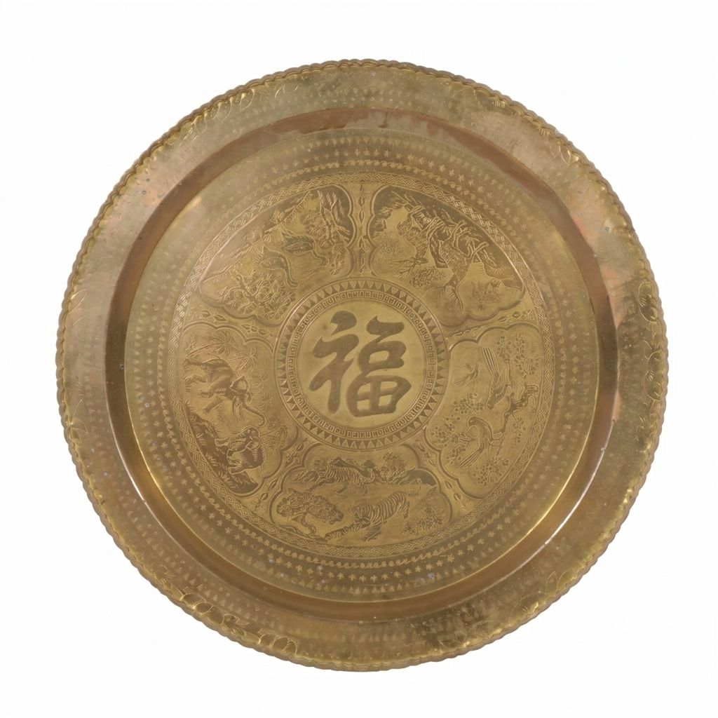 Chinese "Good Fortune" Engraved Brass Tray Top