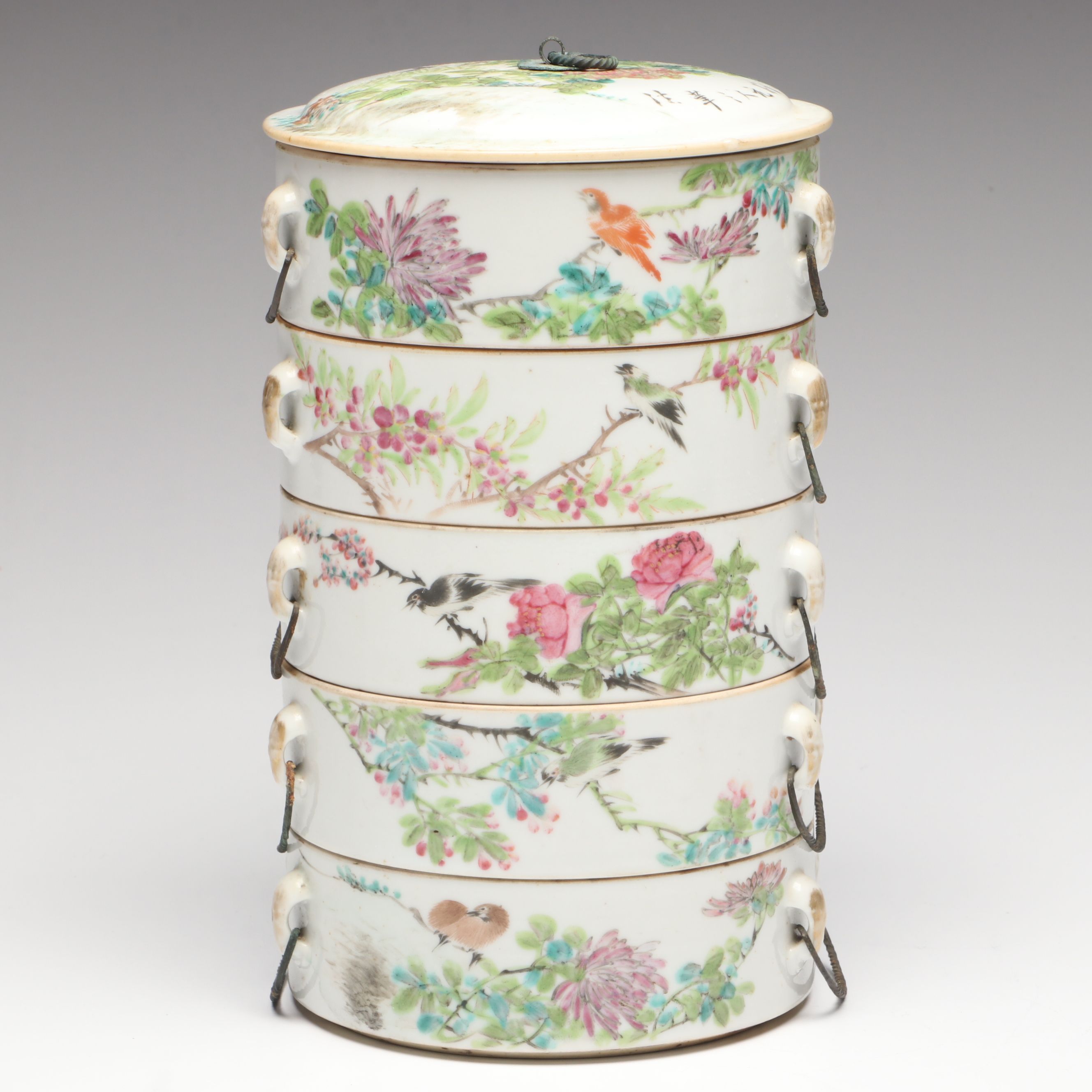 Chinese Famille Rose Porcelain Stacking Boxes, Set of Five
