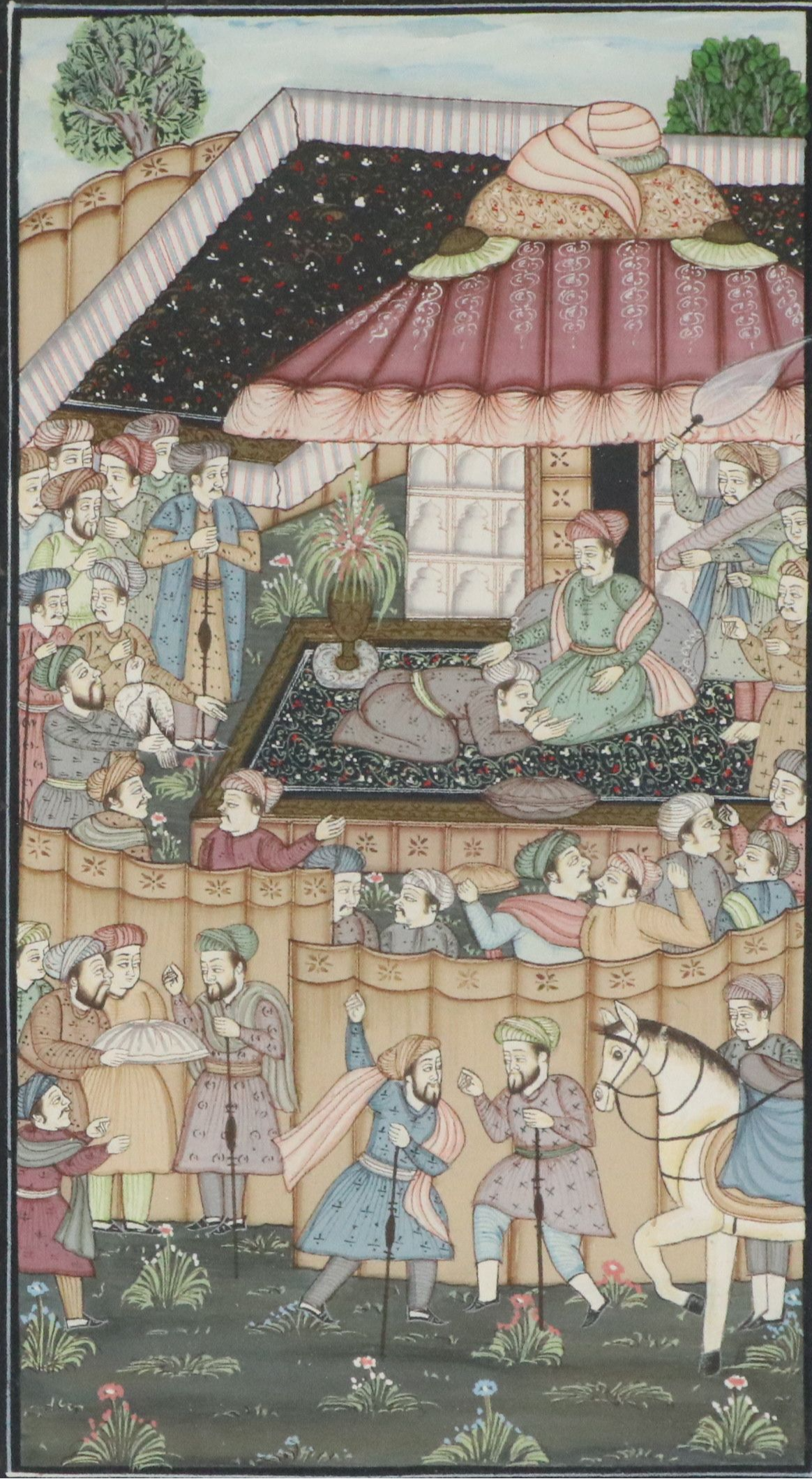 Indo-Persian Royal Court Scene Gouache Painting on Fabric