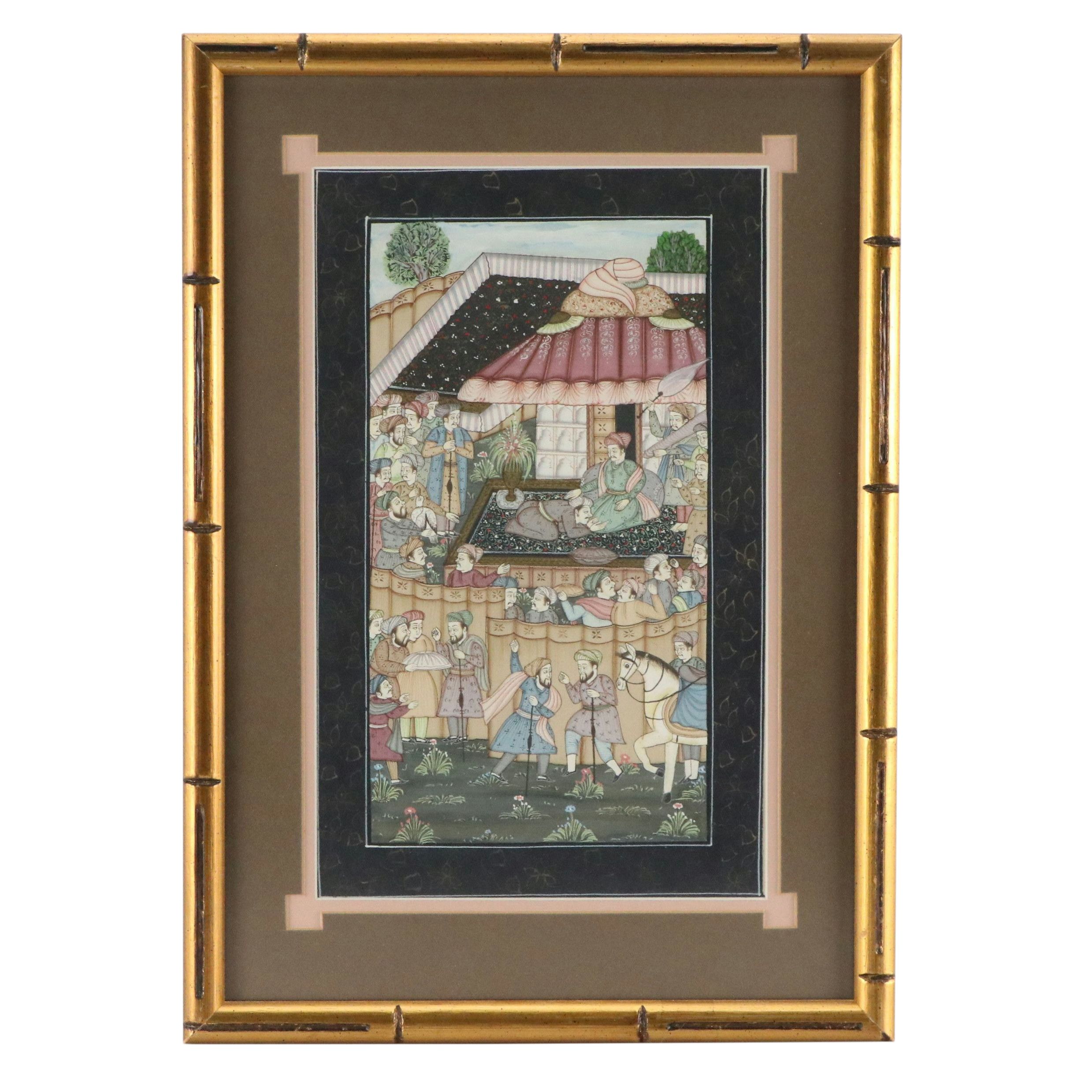 Indo-Persian Royal Court Scene Gouache Painting on Fabric