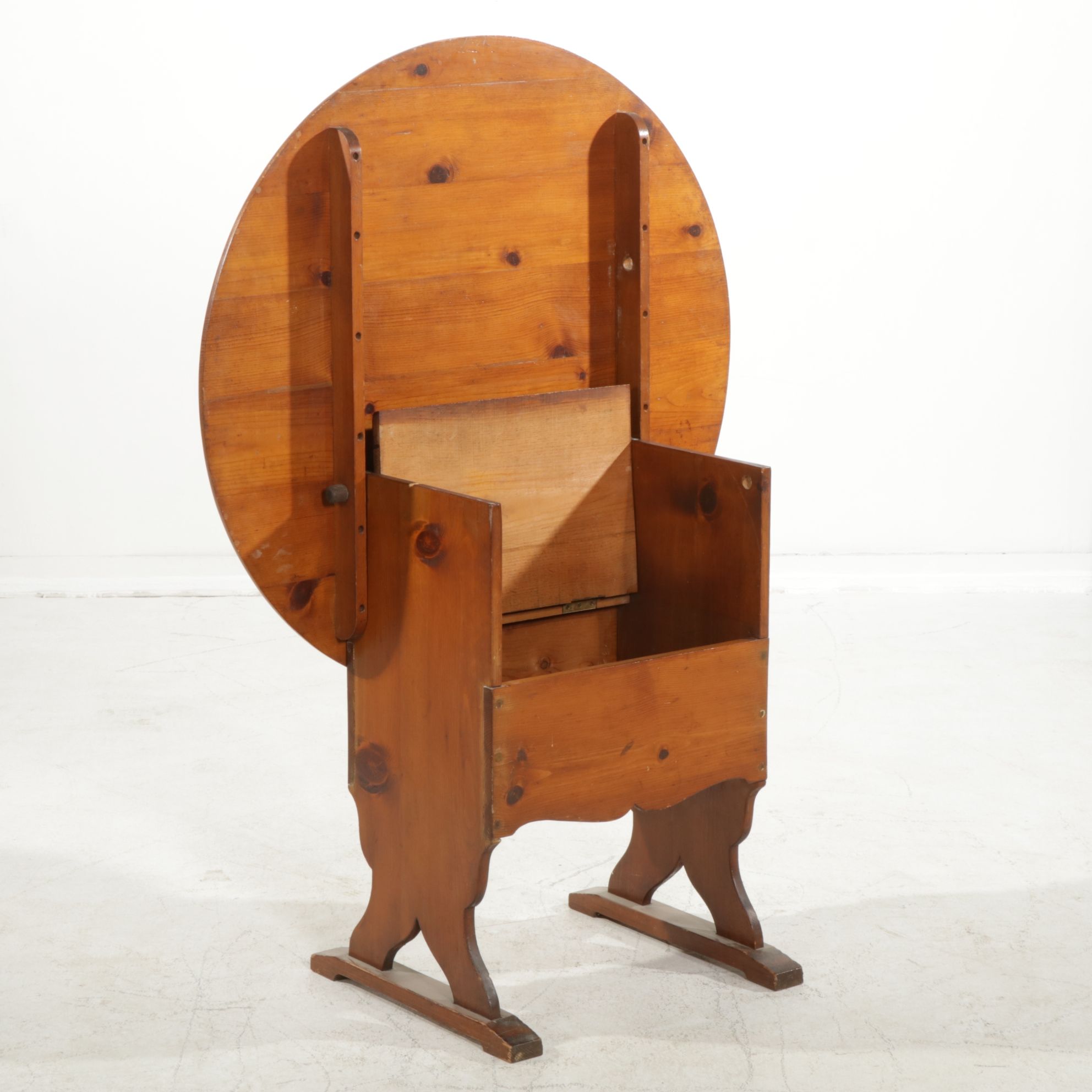 Colonial Revival Style Knotty Pine Tilt-Top Tavern Table with Storage