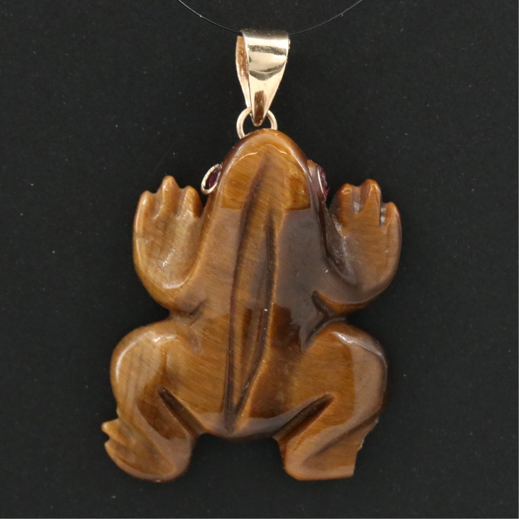 14K Carved Tiger's Eye Frog Pendant with Spinel Eyes
