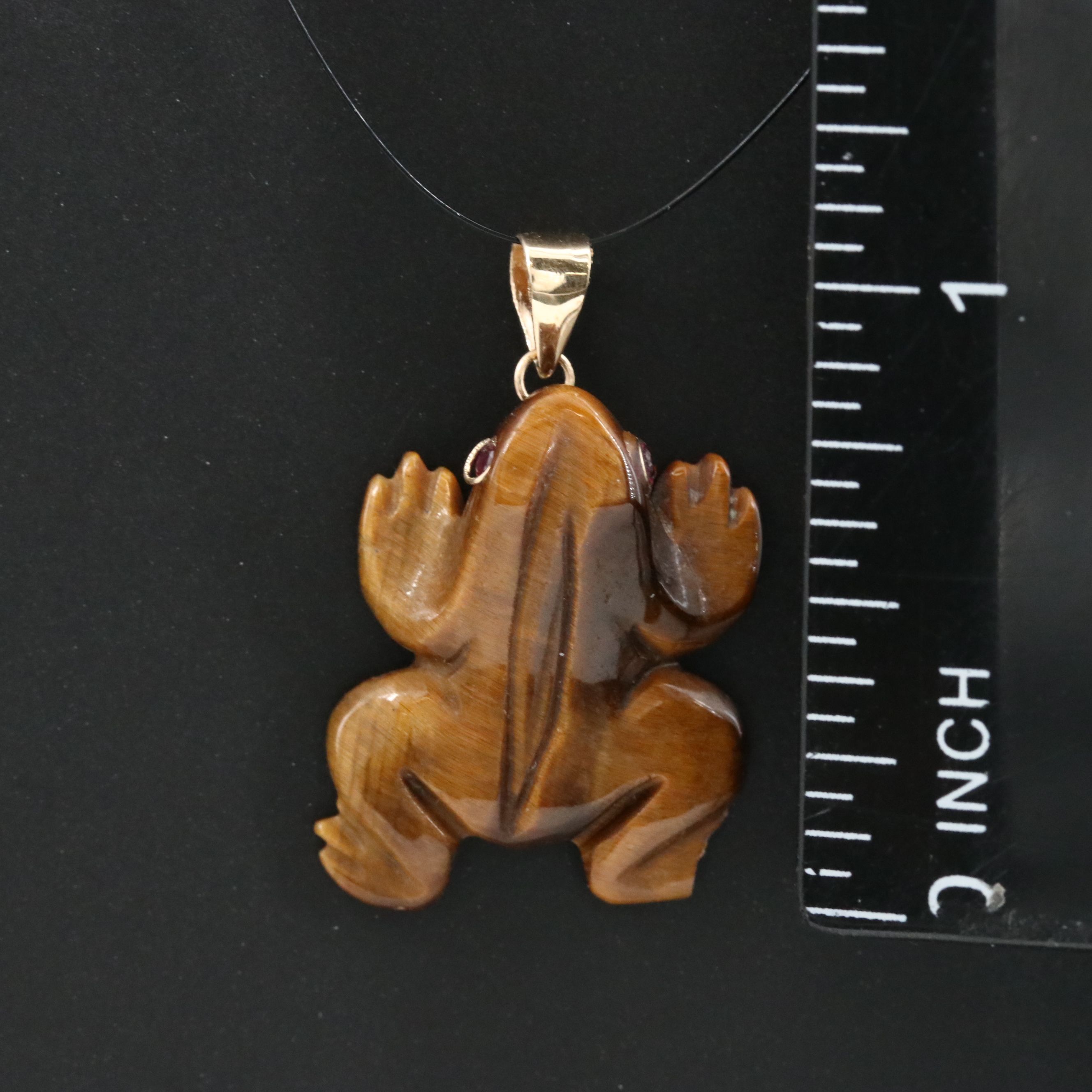 14K Carved Tiger's Eye Frog Pendant with Spinel Eyes