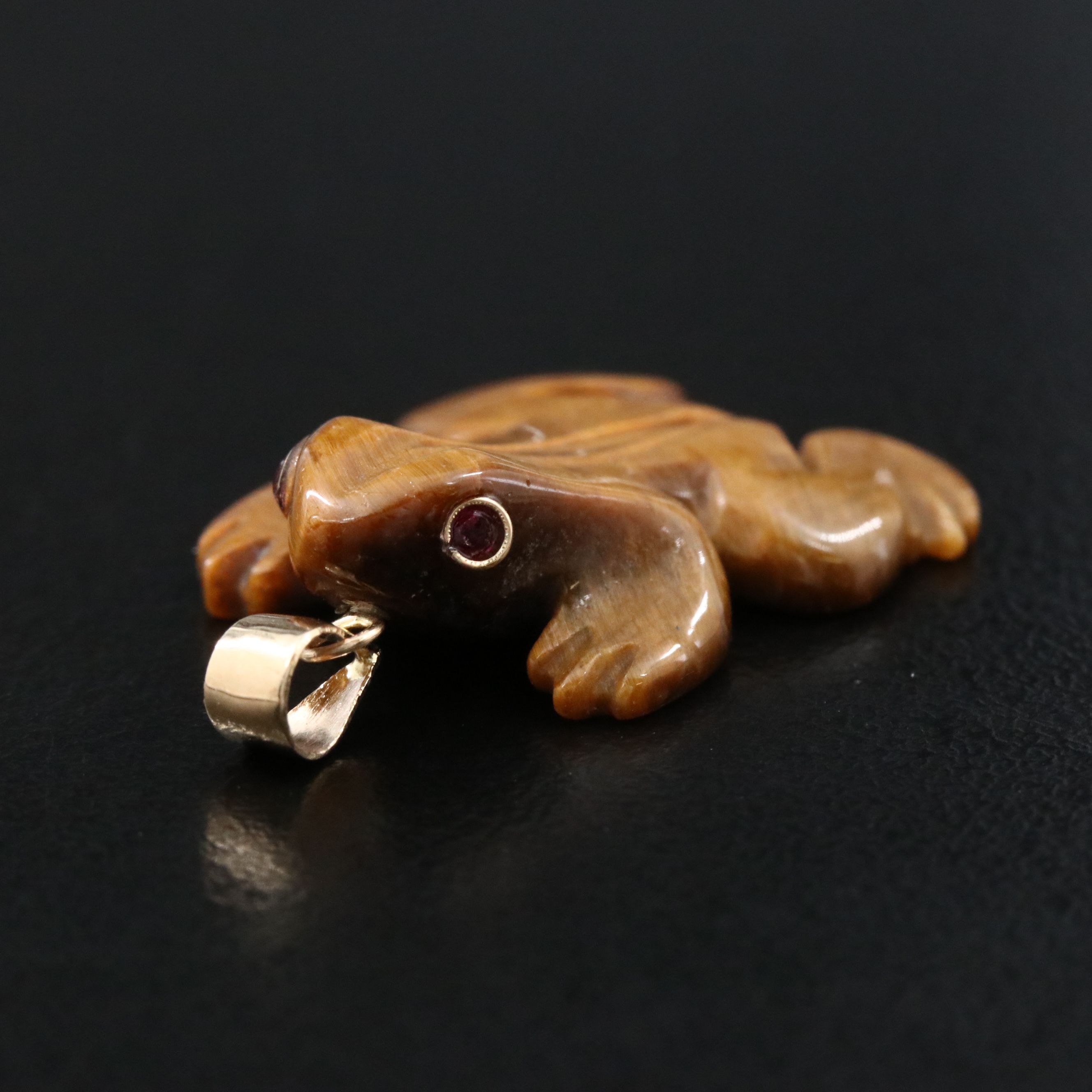 14K Carved Tiger's Eye Frog Pendant with Spinel Eyes