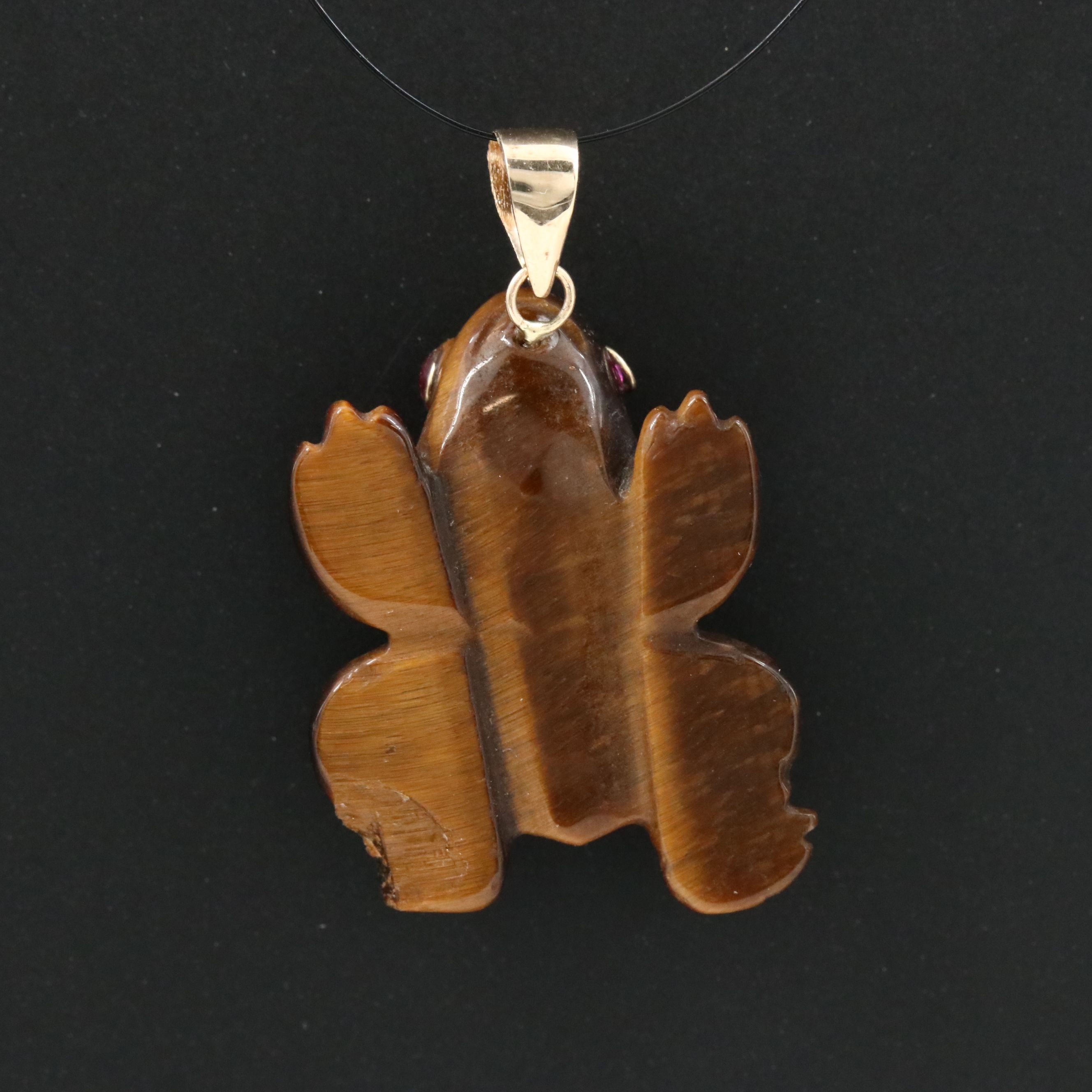 14K Carved Tiger's Eye Frog Pendant with Spinel Eyes