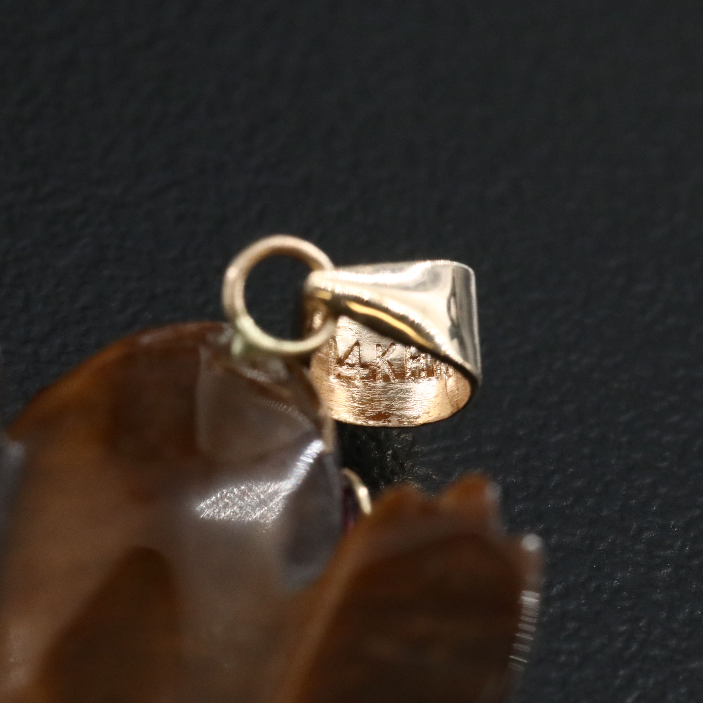 14K Carved Tiger's Eye Frog Pendant with Spinel Eyes