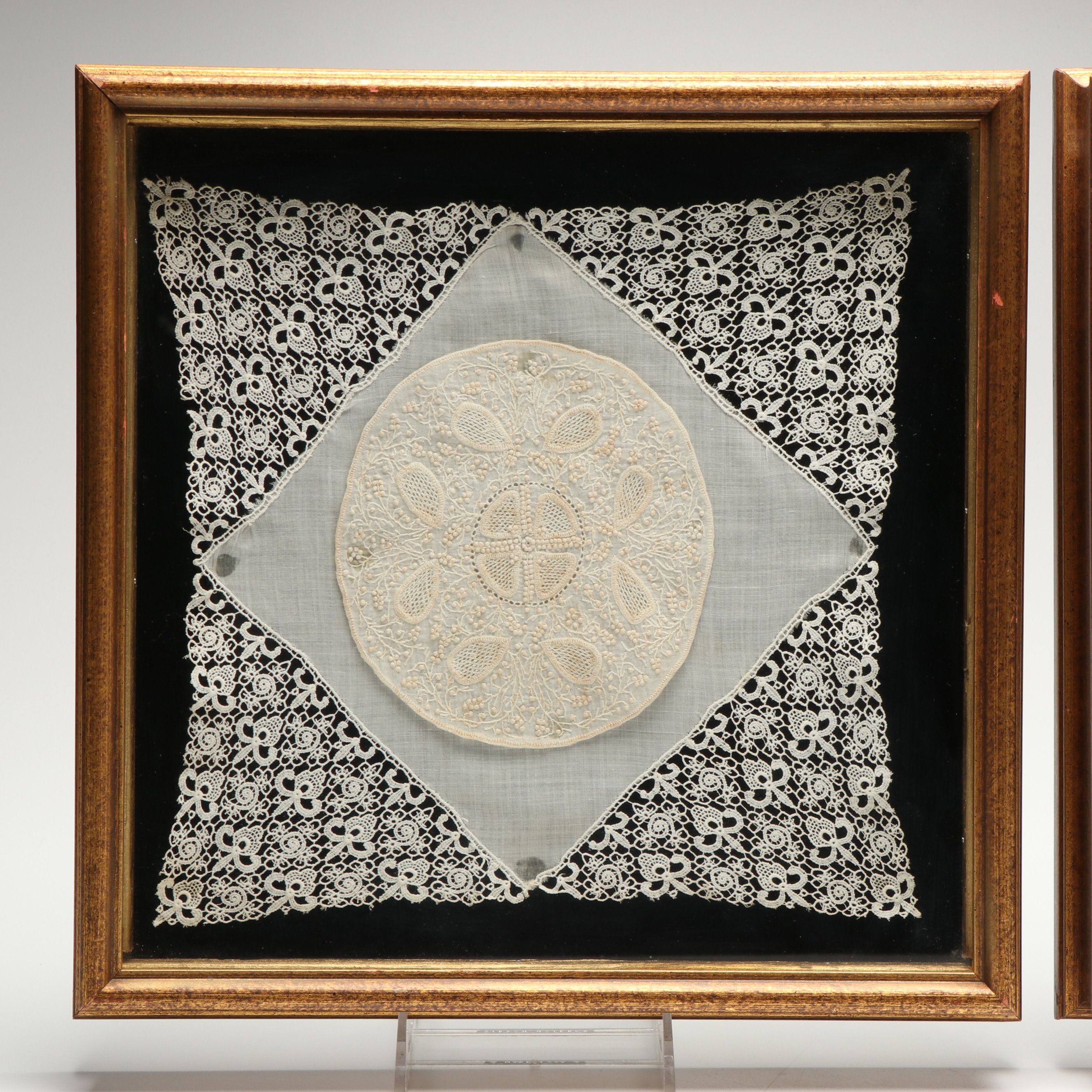 Pair of Handmade Embroidery and Brussels Lace Cotton Panels in Frames
