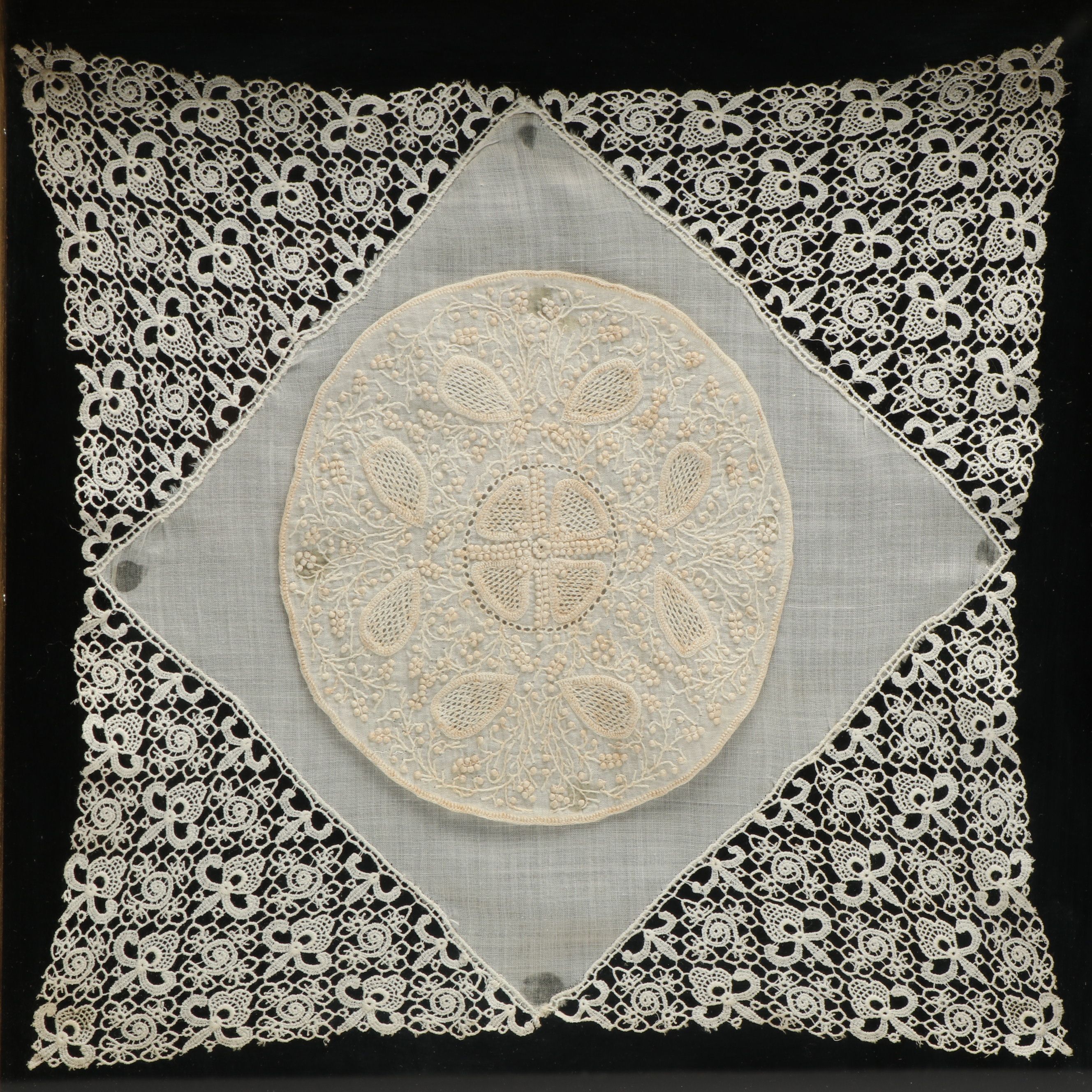 Pair of Handmade Embroidery and Brussels Lace Cotton Panels in Frames