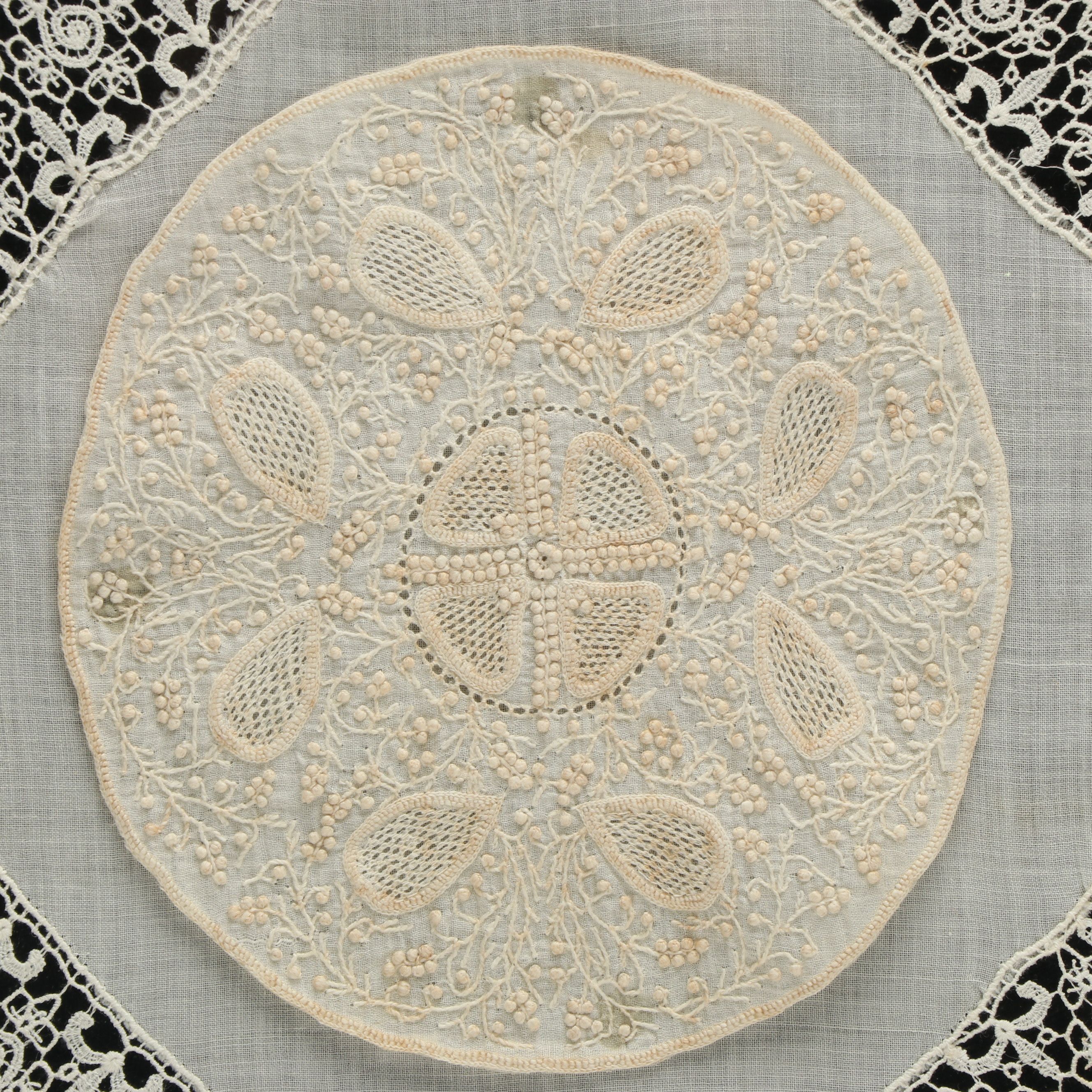 Pair of Handmade Embroidery and Brussels Lace Cotton Panels in Frames