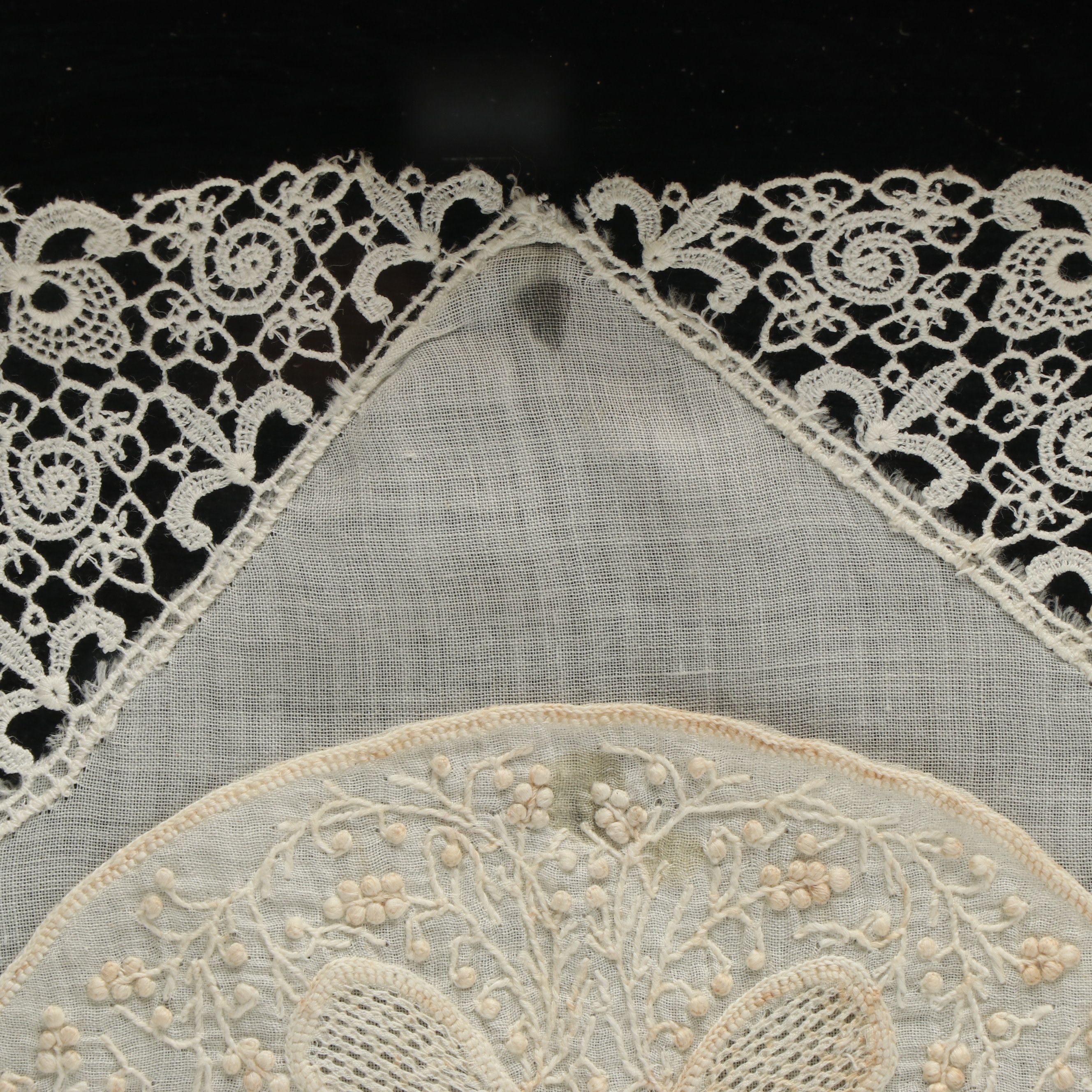 Pair of Handmade Embroidery and Brussels Lace Cotton Panels in Frames
