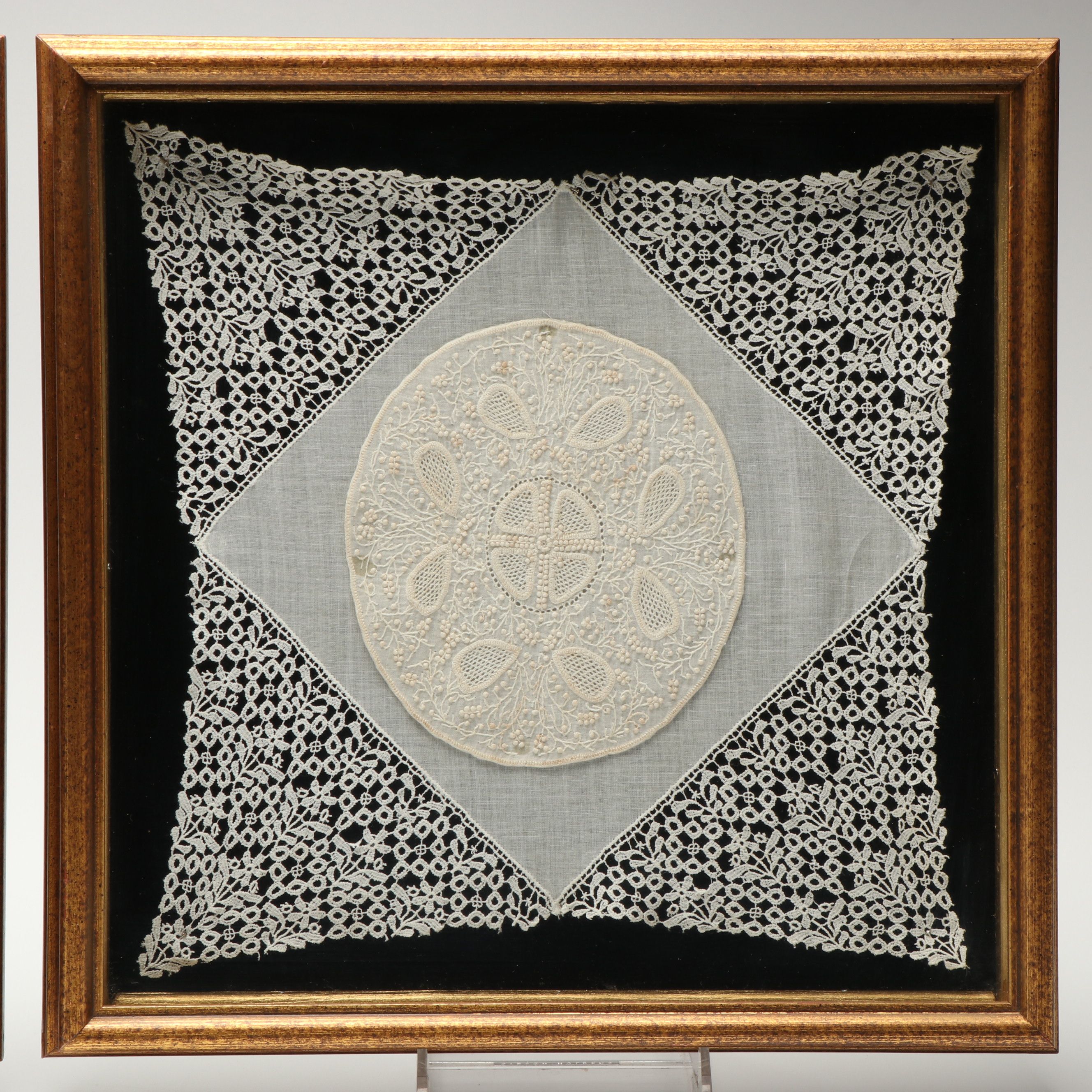 Pair of Handmade Embroidery and Brussels Lace Cotton Panels in Frames