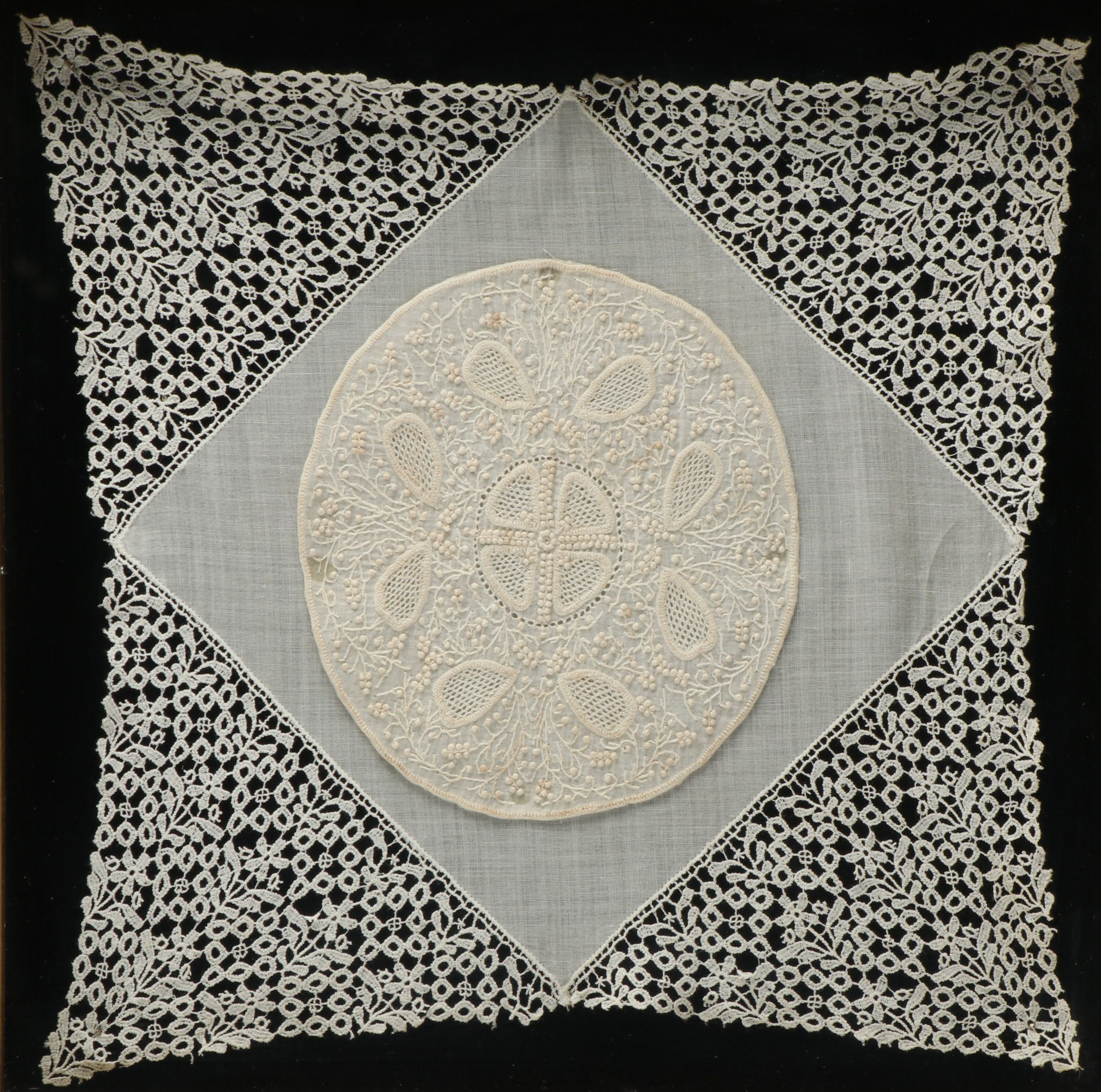 Pair of Handmade Embroidery and Brussels Lace Cotton Panels in Frames