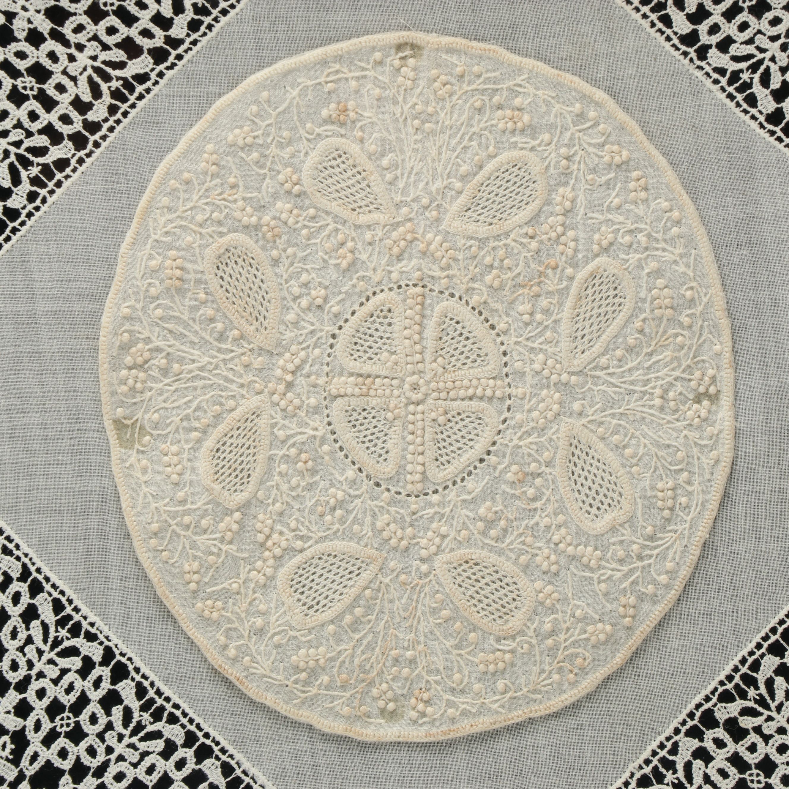 Pair of Handmade Embroidery and Brussels Lace Cotton Panels in Frames