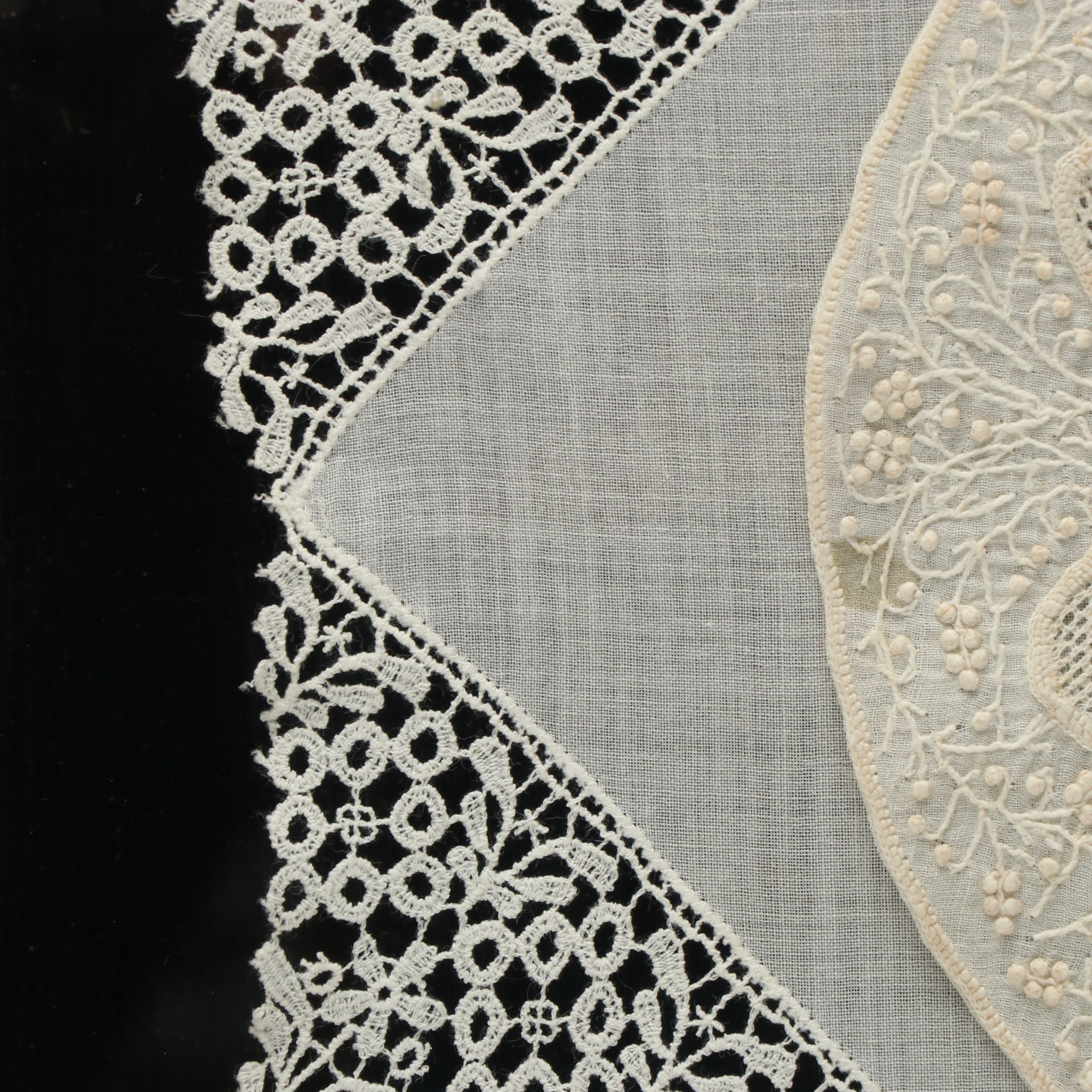 Pair of Handmade Embroidery and Brussels Lace Cotton Panels in Frames
