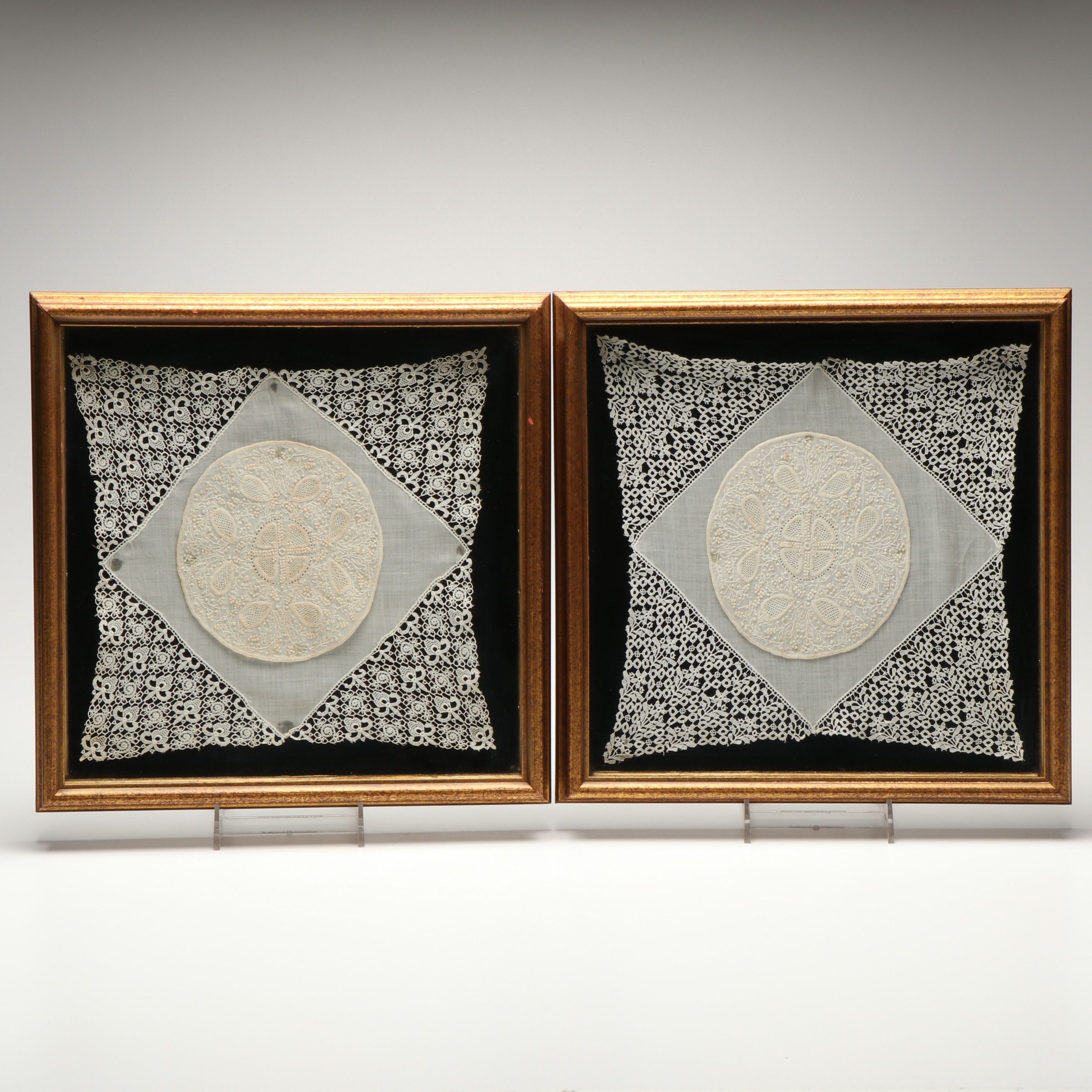 Pair of Handmade Embroidery and Brussels Lace Cotton Panels in Frames
