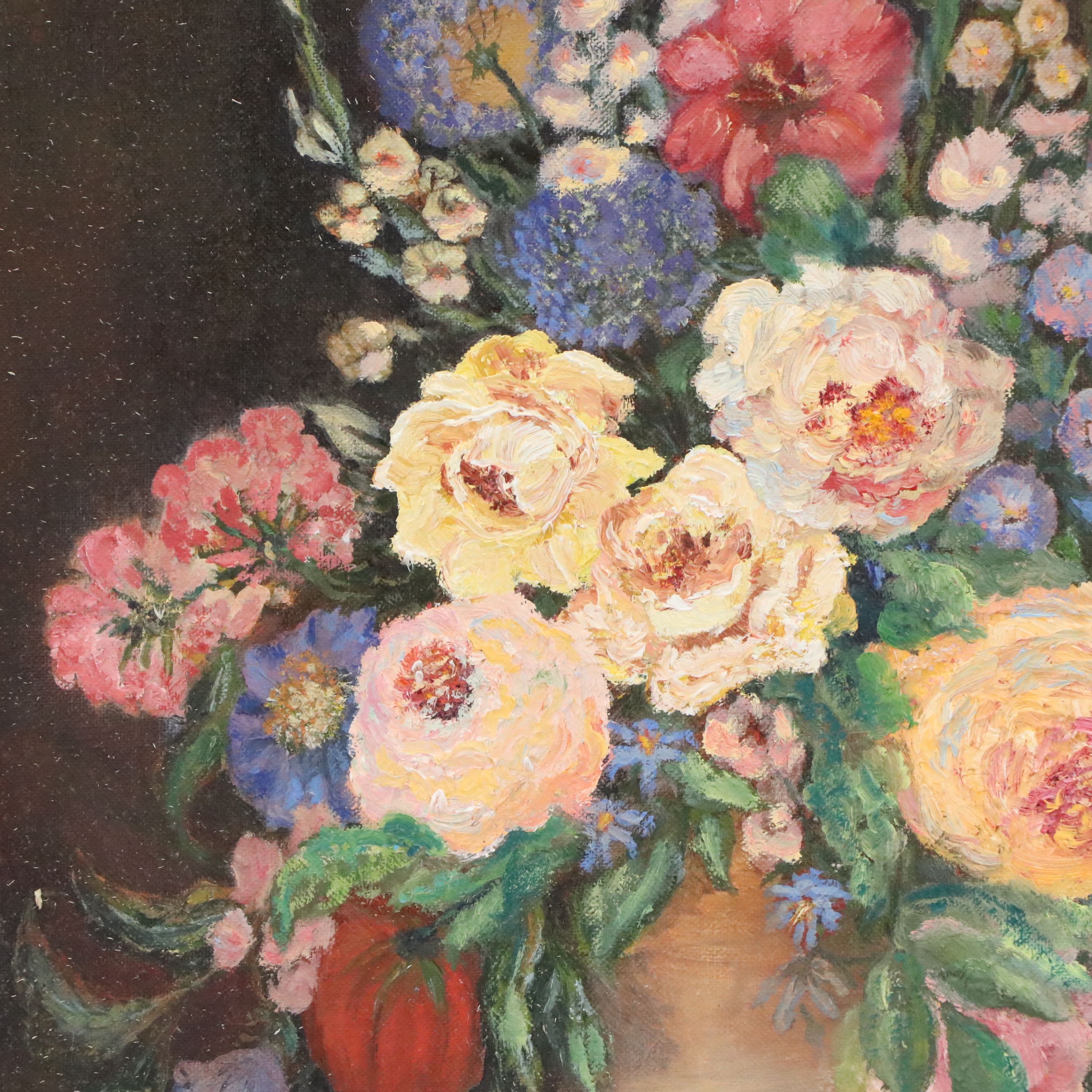 Belly Warren Oil Painting of Bursting Floral Bouquet, 1974
