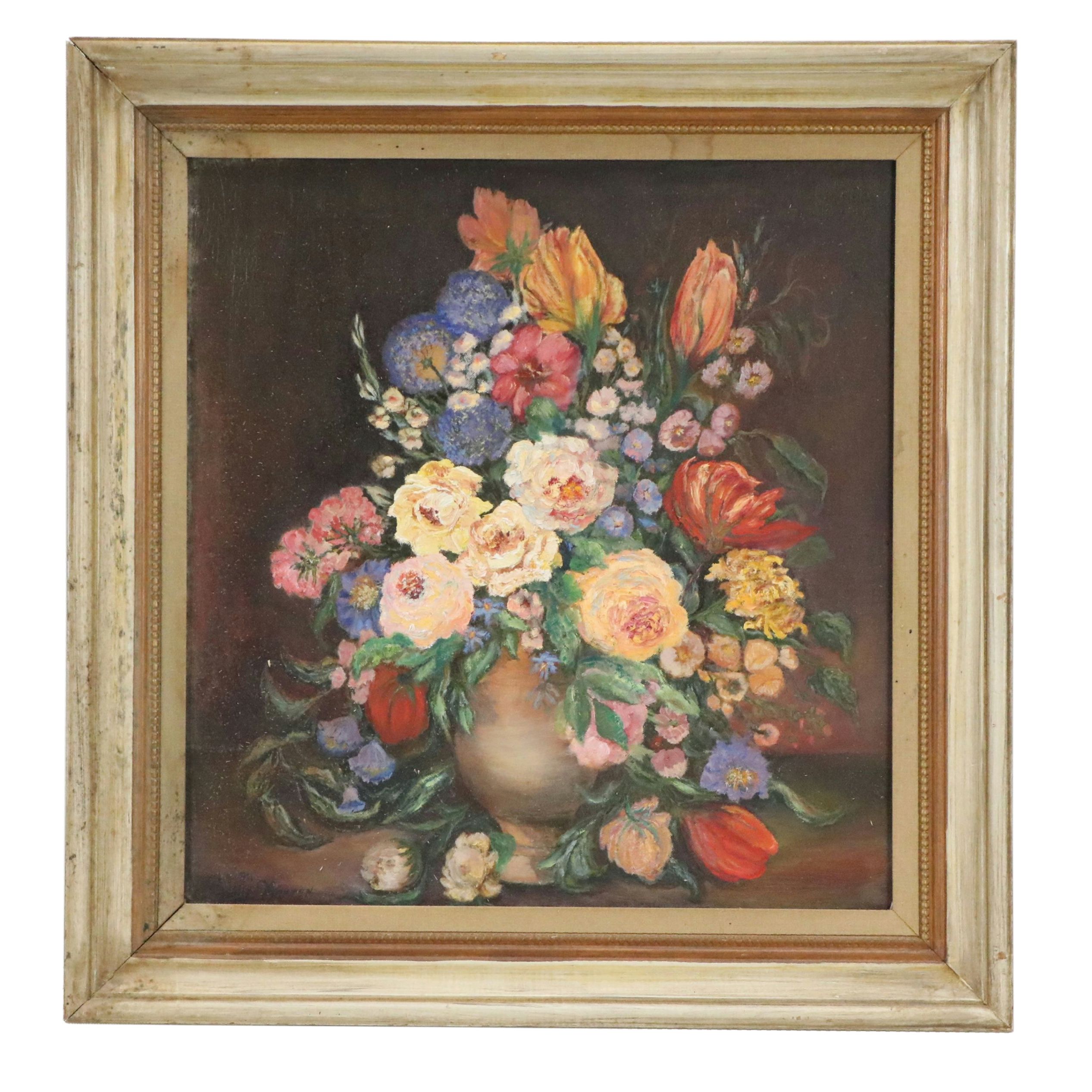 Belly Warren Oil Painting of Bursting Floral Bouquet, 1974