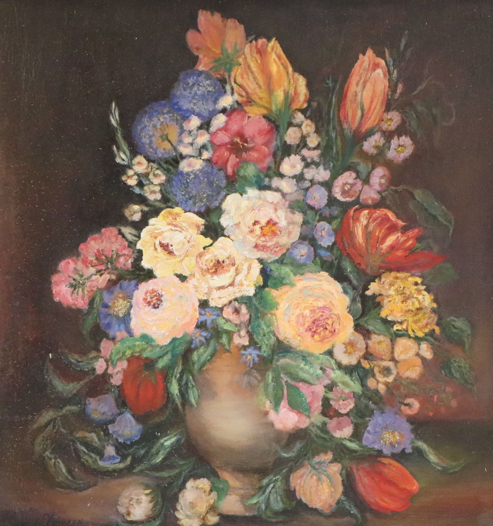 Belly Warren Oil Painting of Bursting Floral Bouquet, 1974