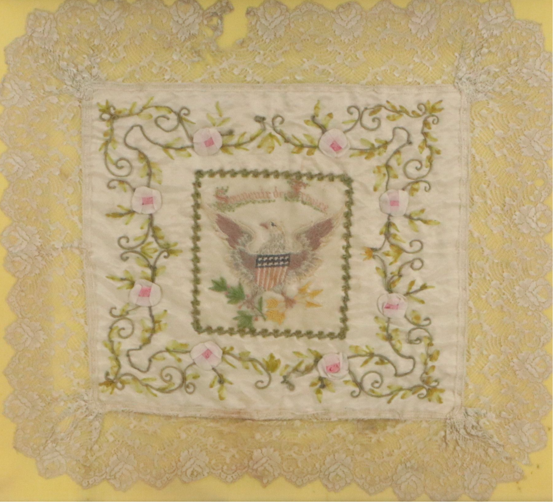 Antique WWI Franco-American Hand-Knotted Lace and Embroidered Silk Panel