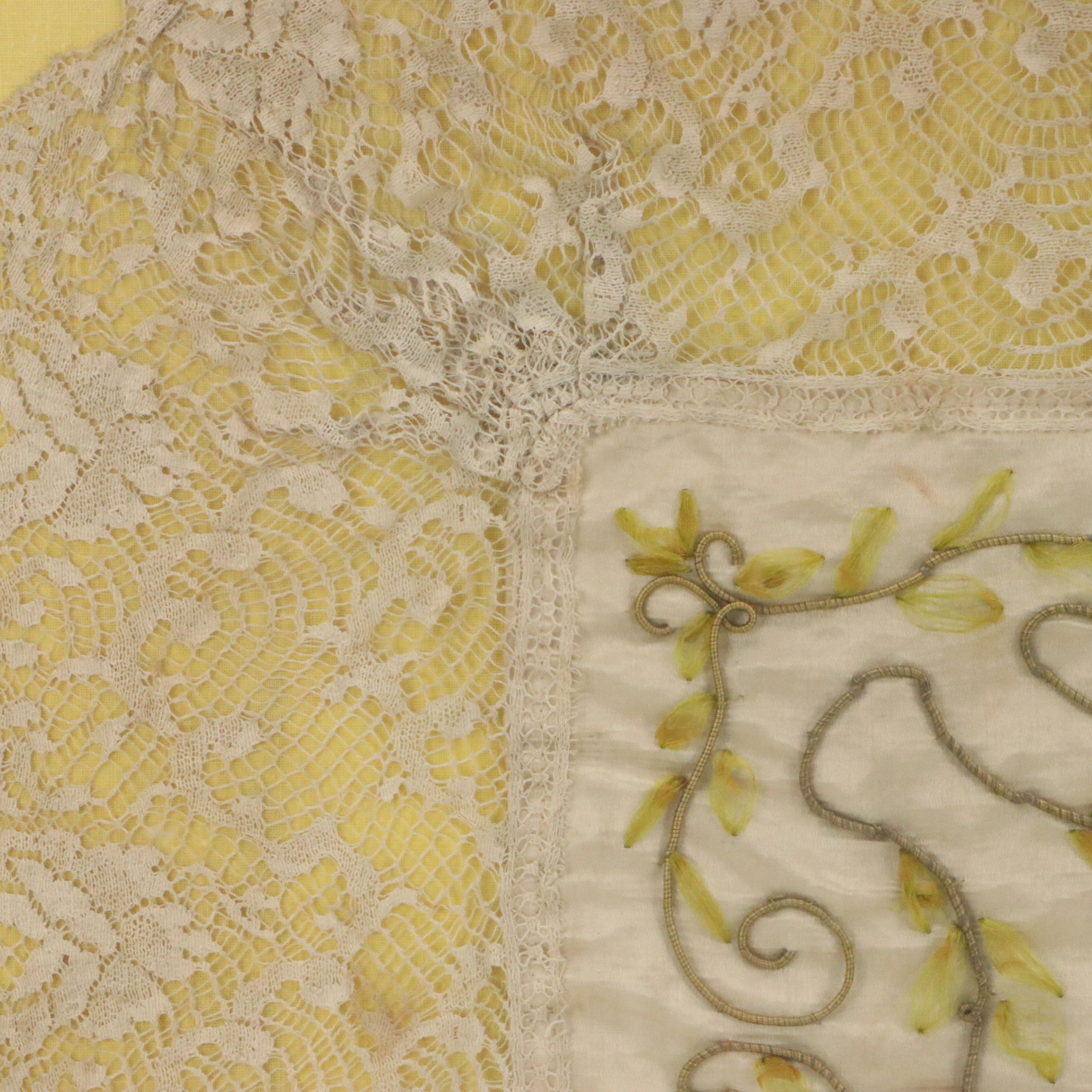 Antique WWI Franco-American Hand-Knotted Lace and Embroidered Silk Panel