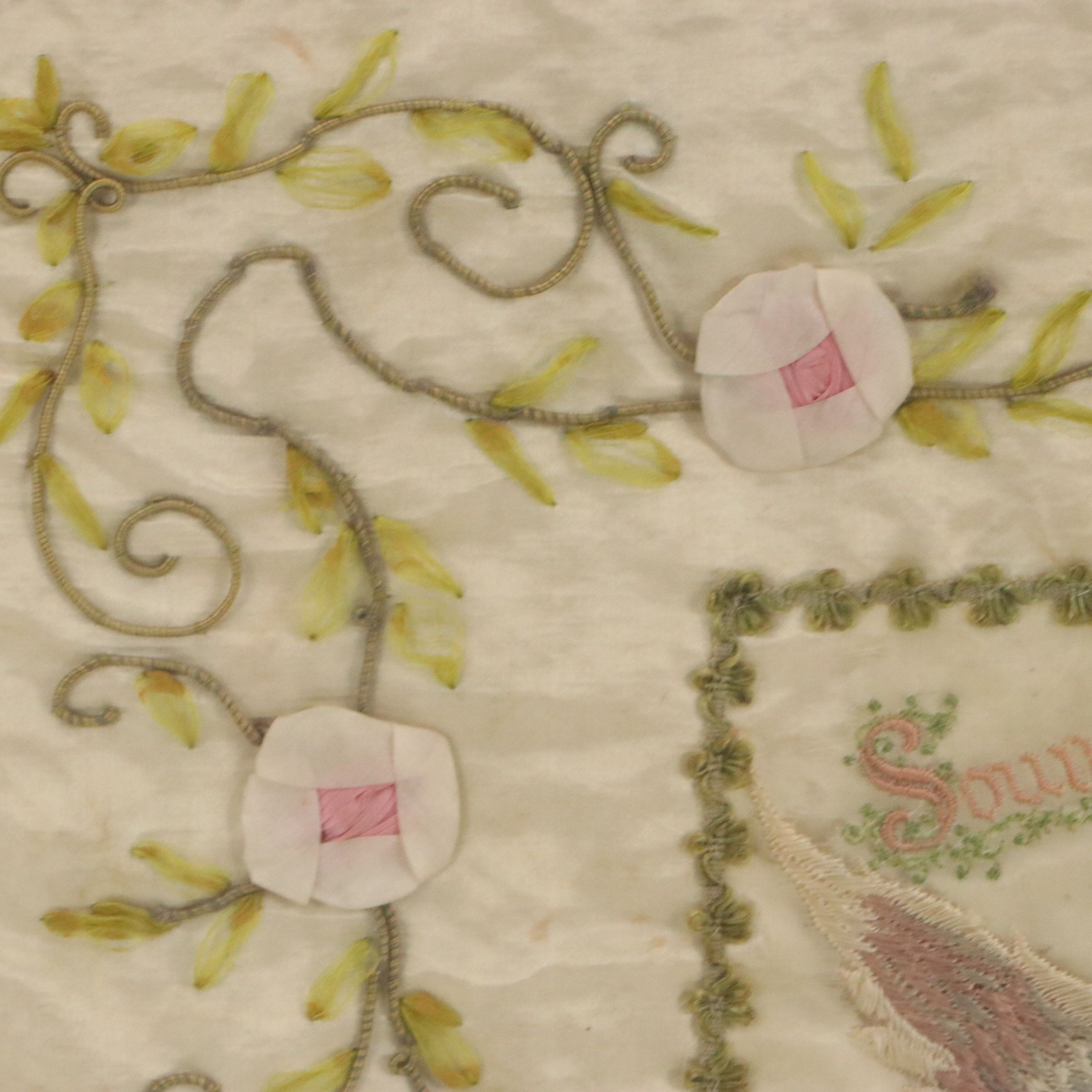 Antique WWI Franco-American Hand-Knotted Lace and Embroidered Silk Panel