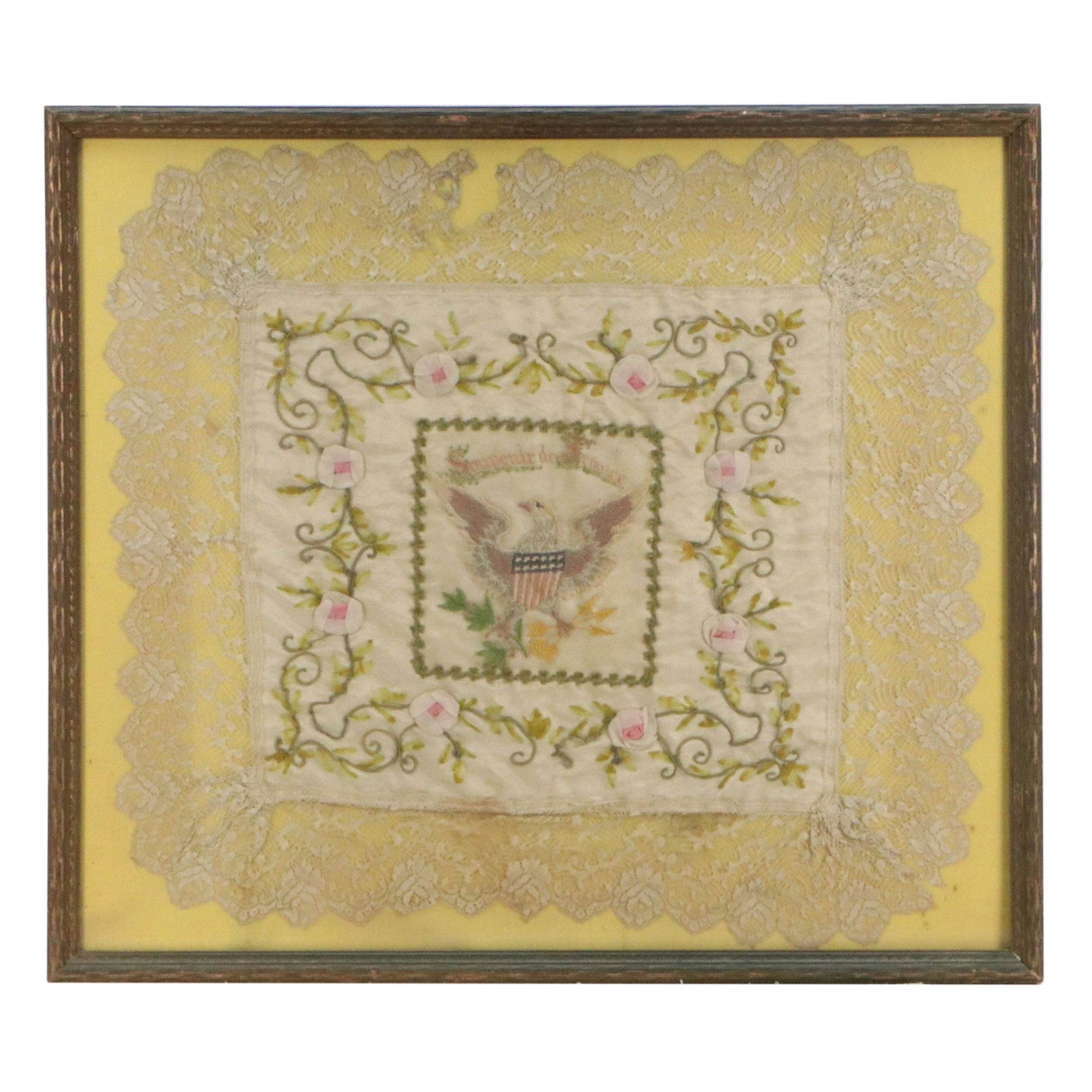Antique WWI Franco-American Hand-Knotted Lace and Embroidered Silk Panel