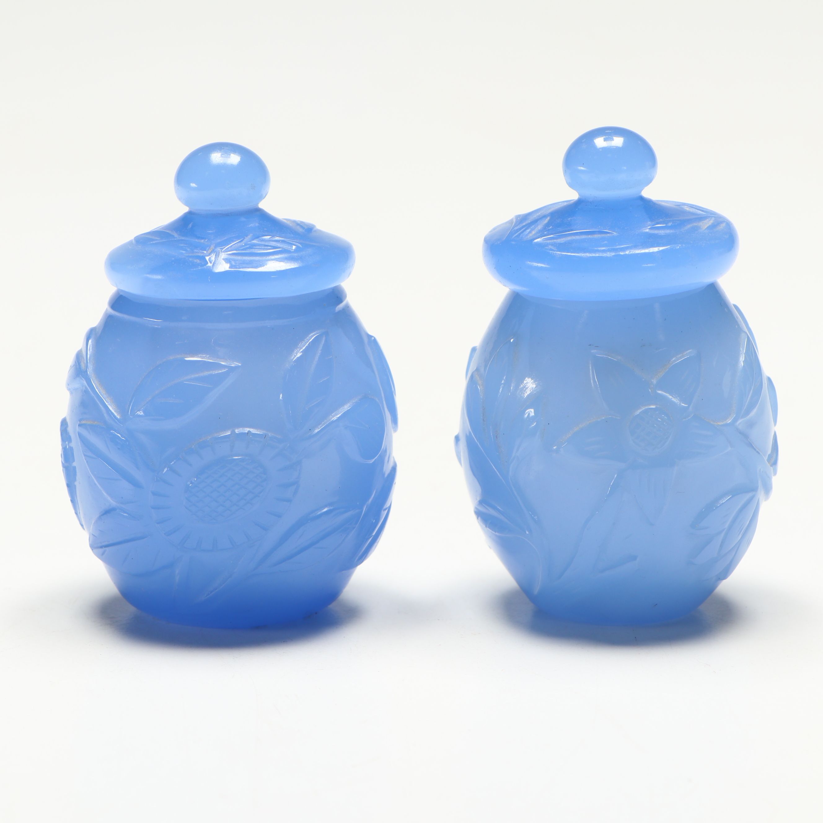 Chinese Periwinkle Glass Lidded Jar Pair