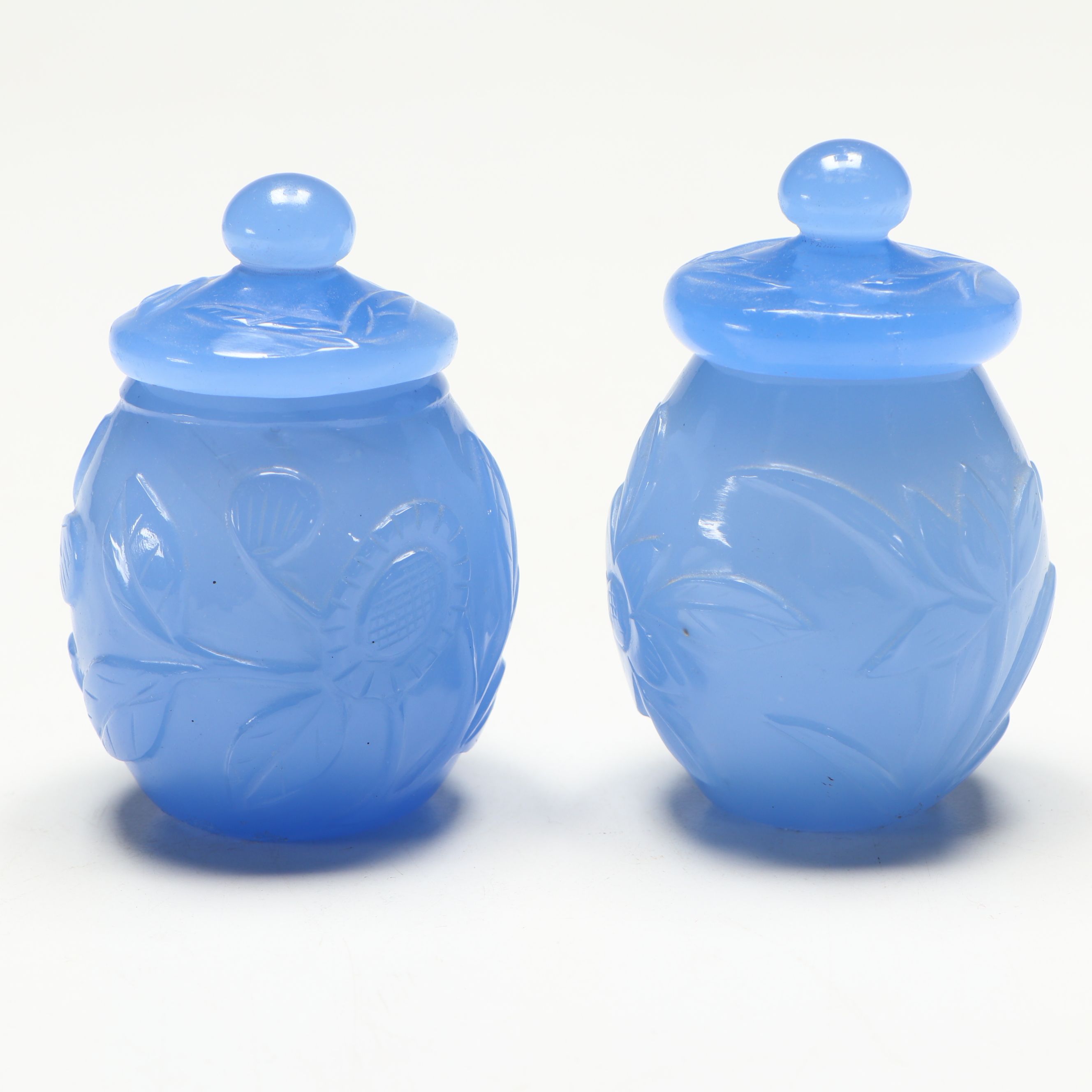 Chinese Periwinkle Glass Lidded Jar Pair