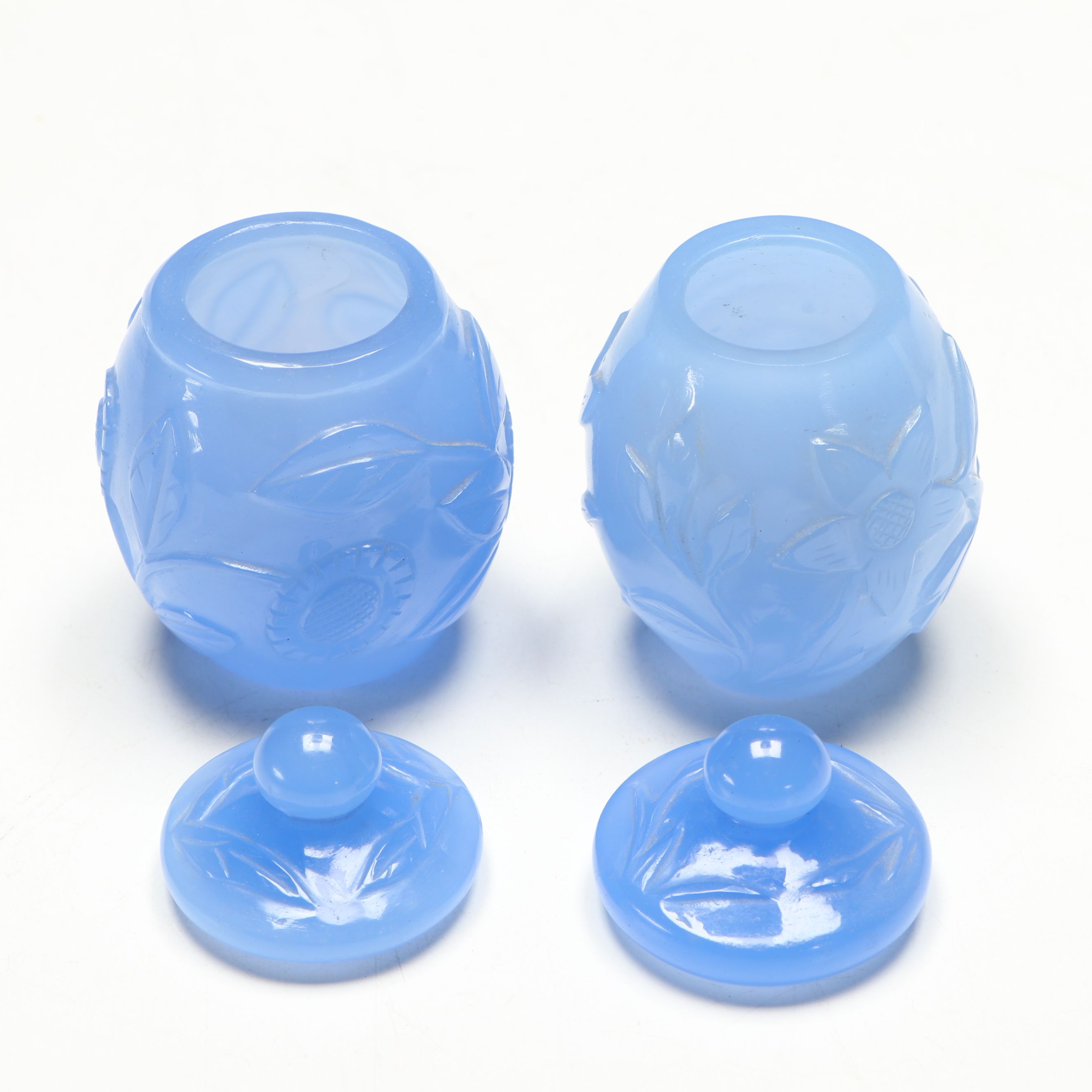 Chinese Periwinkle Glass Lidded Jar Pair