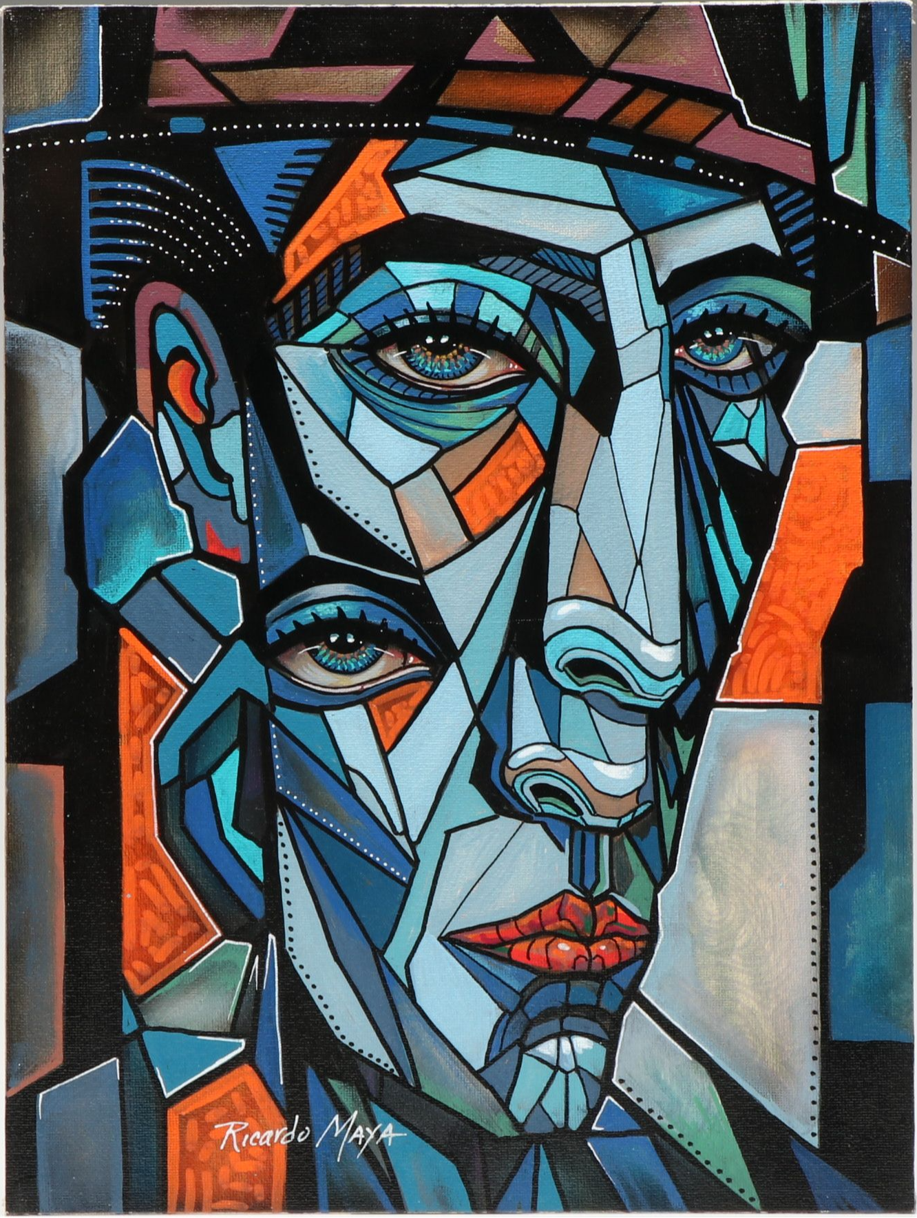 Ricardo Maya Cubist Style Acrylic Portrait, 21st Century