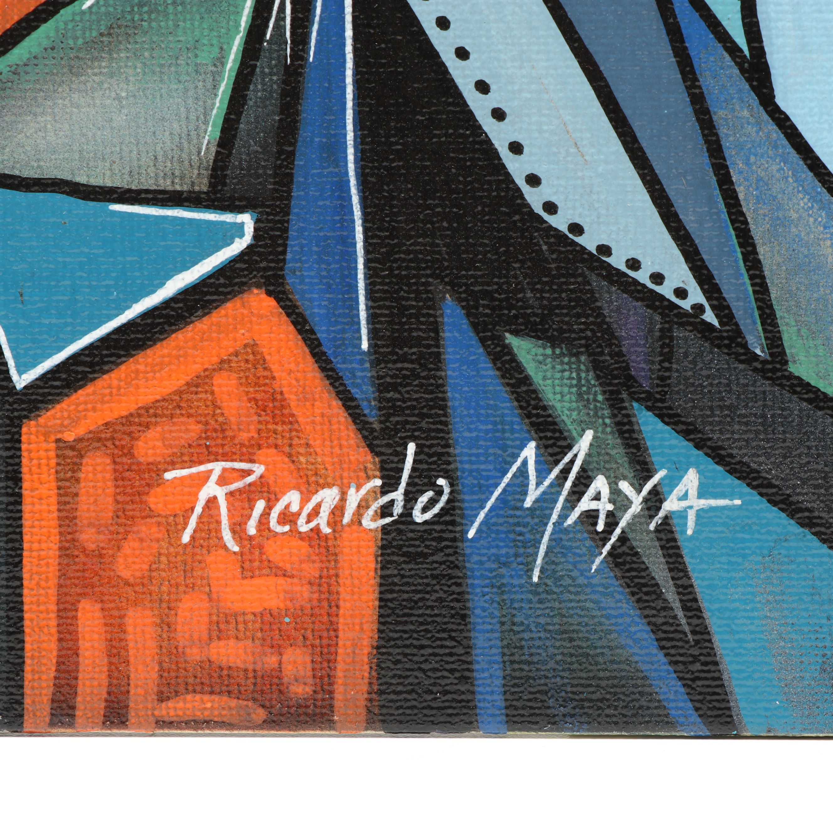 Ricardo Maya Cubist Style Acrylic Portrait, 21st Century