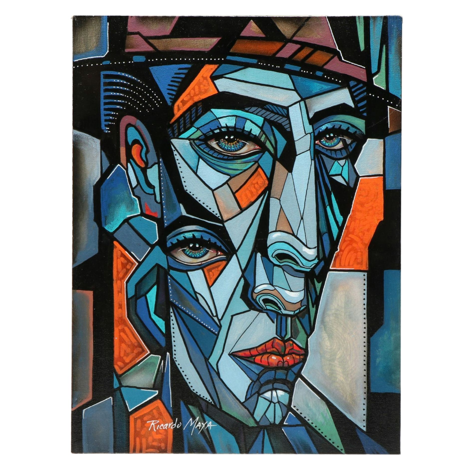 Ricardo Maya Cubist Style Acrylic Portrait, 21st Century