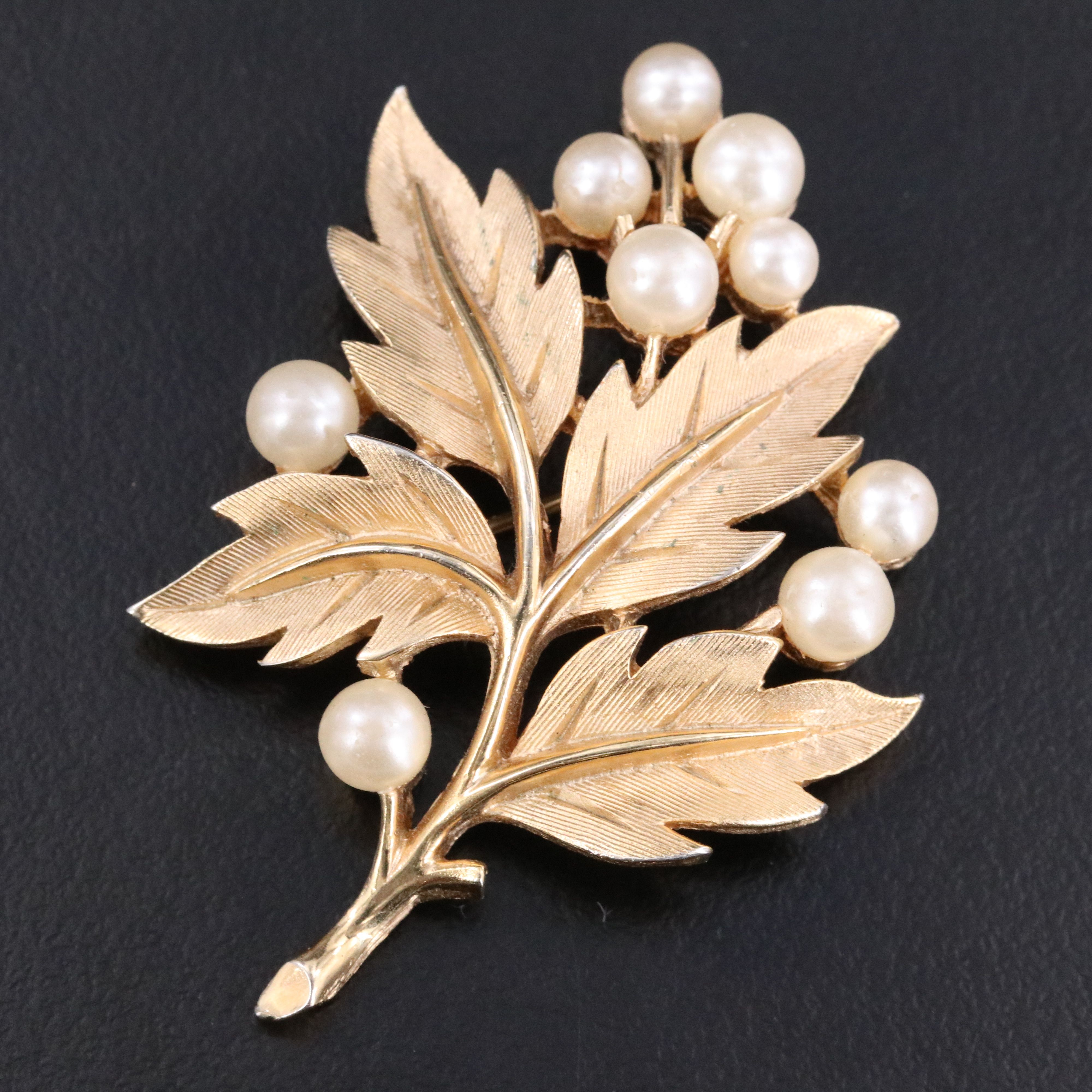 Crown Trifari Leaf Brooch Including Faux Pearl