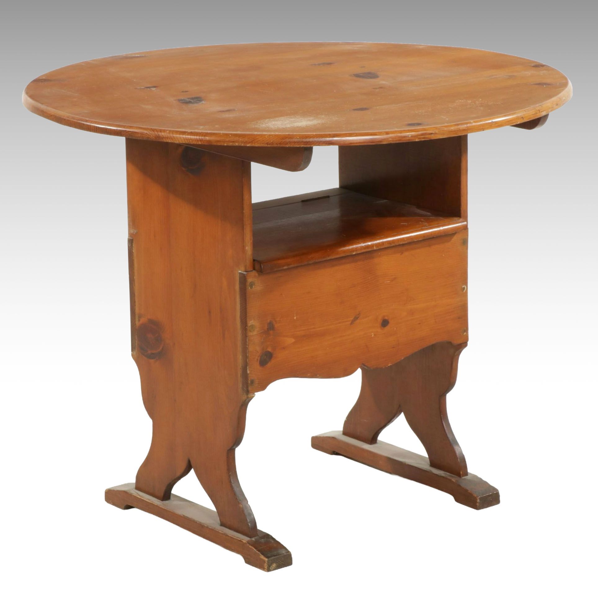 Colonial Revival Style Knotty Pine Tilt-Top Tavern Table with Storage