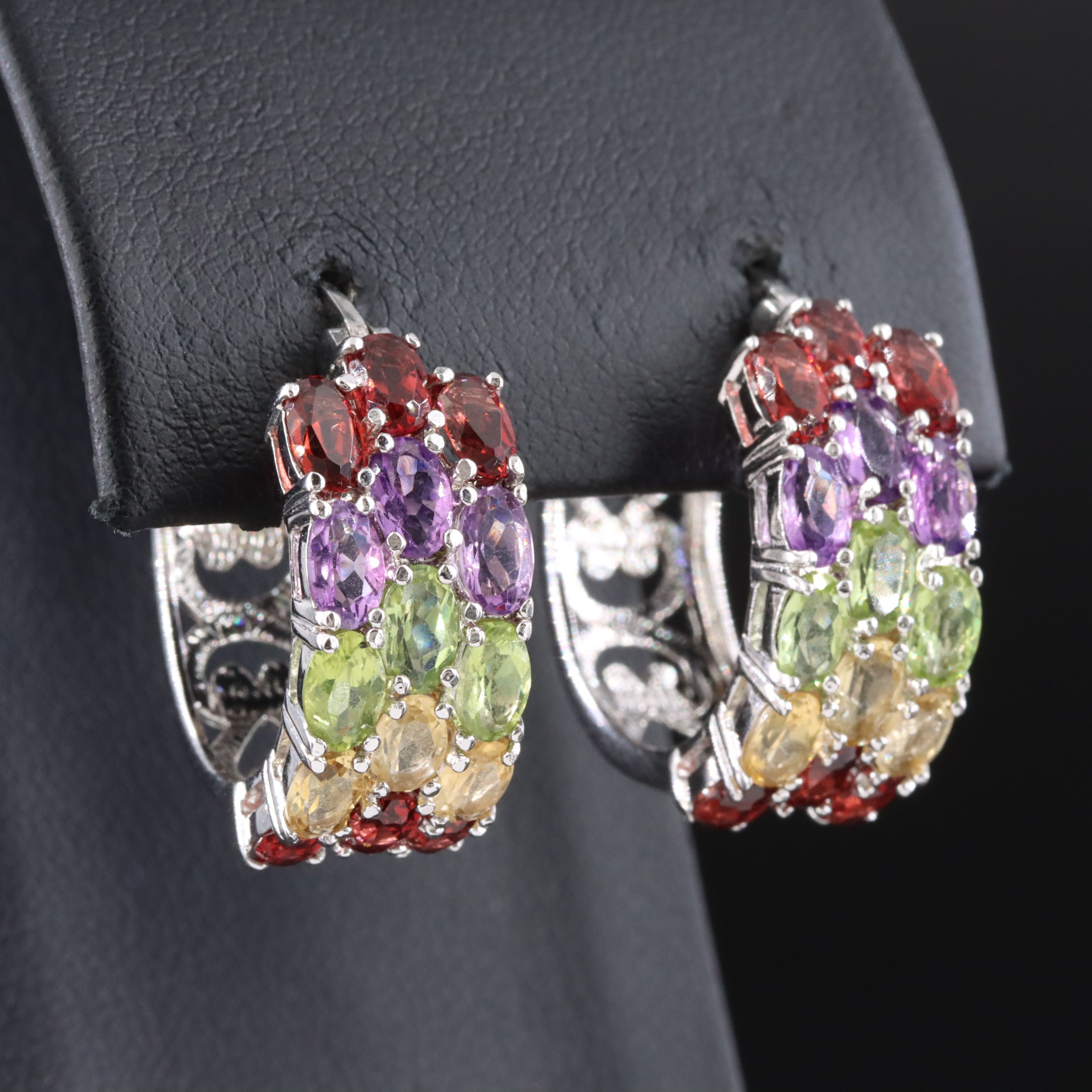 Sterling Hoop Earrings Featuring Garnet, Amethyst and Peridot
