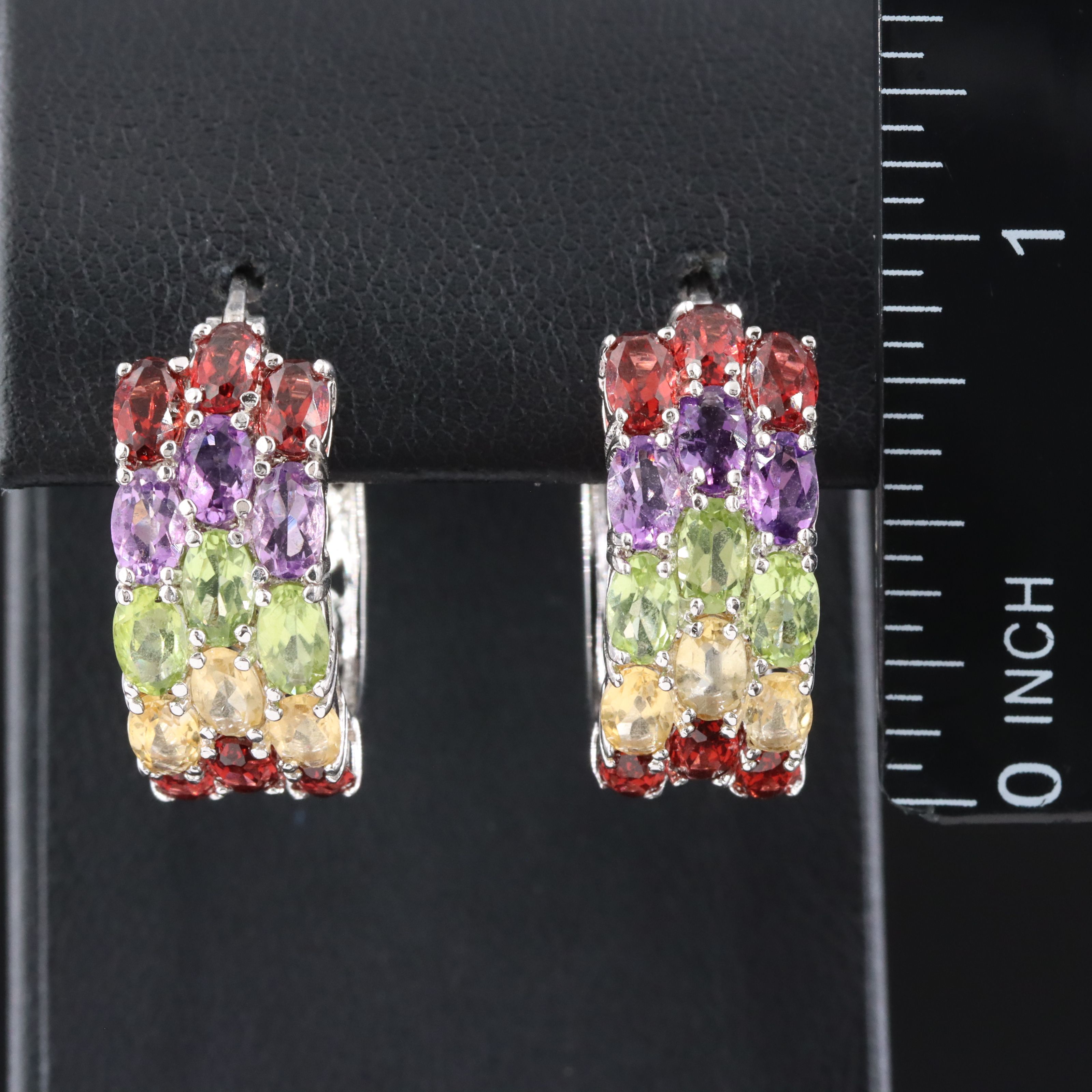 Sterling Hoop Earrings Featuring Garnet, Amethyst and Peridot