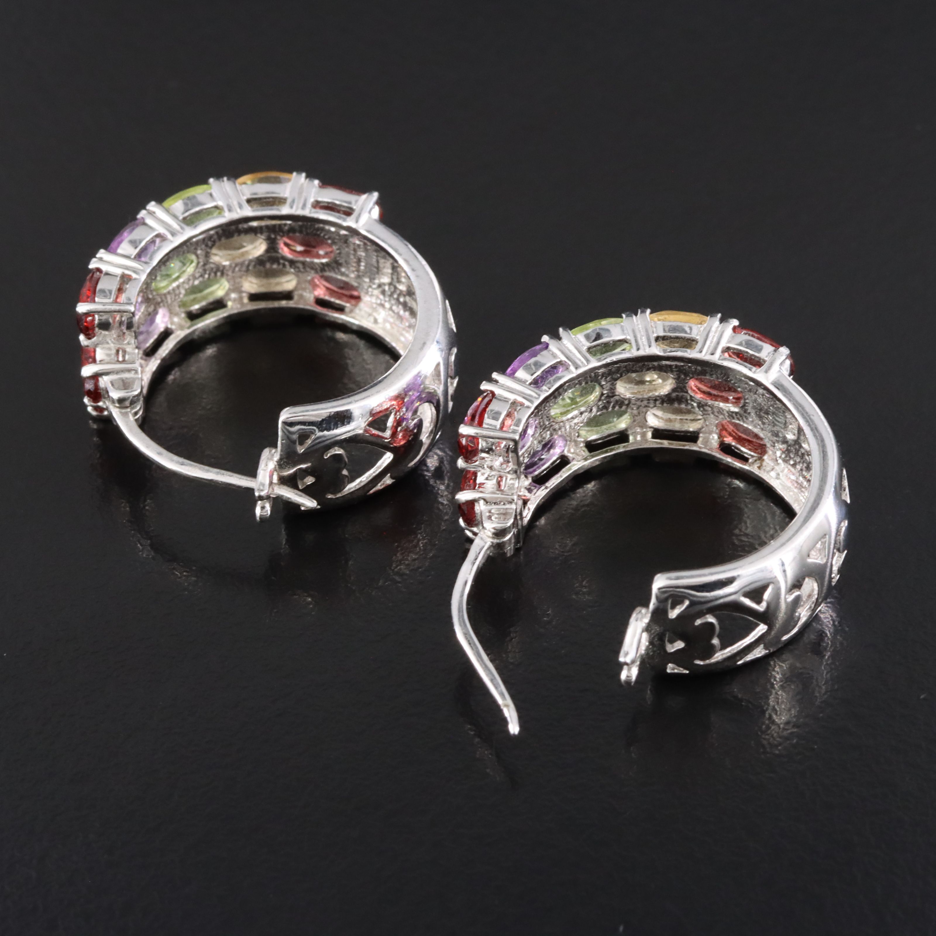 Sterling Hoop Earrings Featuring Garnet, Amethyst and Peridot