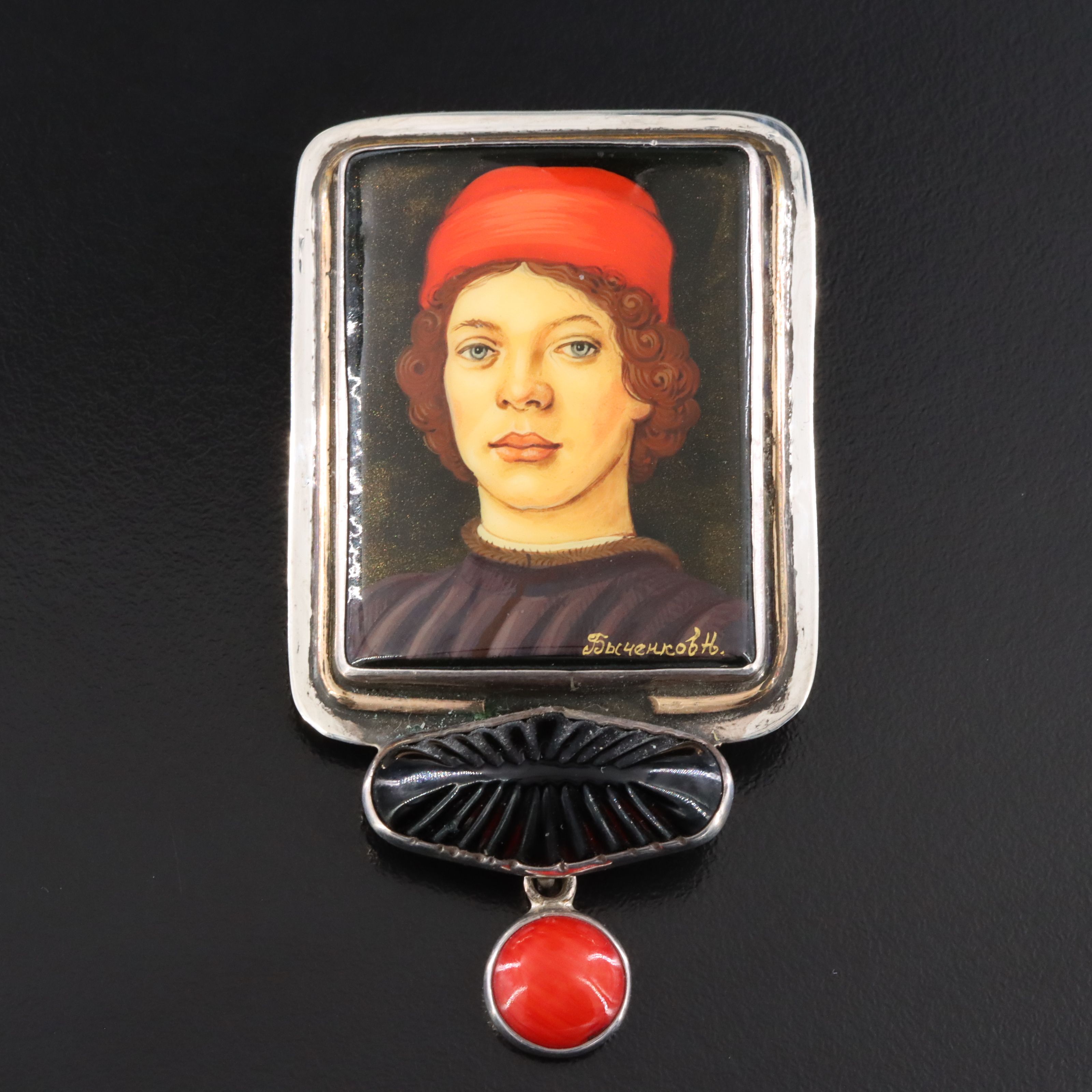 Amy Kahn Russell Sterling Converter Brooch with Russian Lacquer Portrait