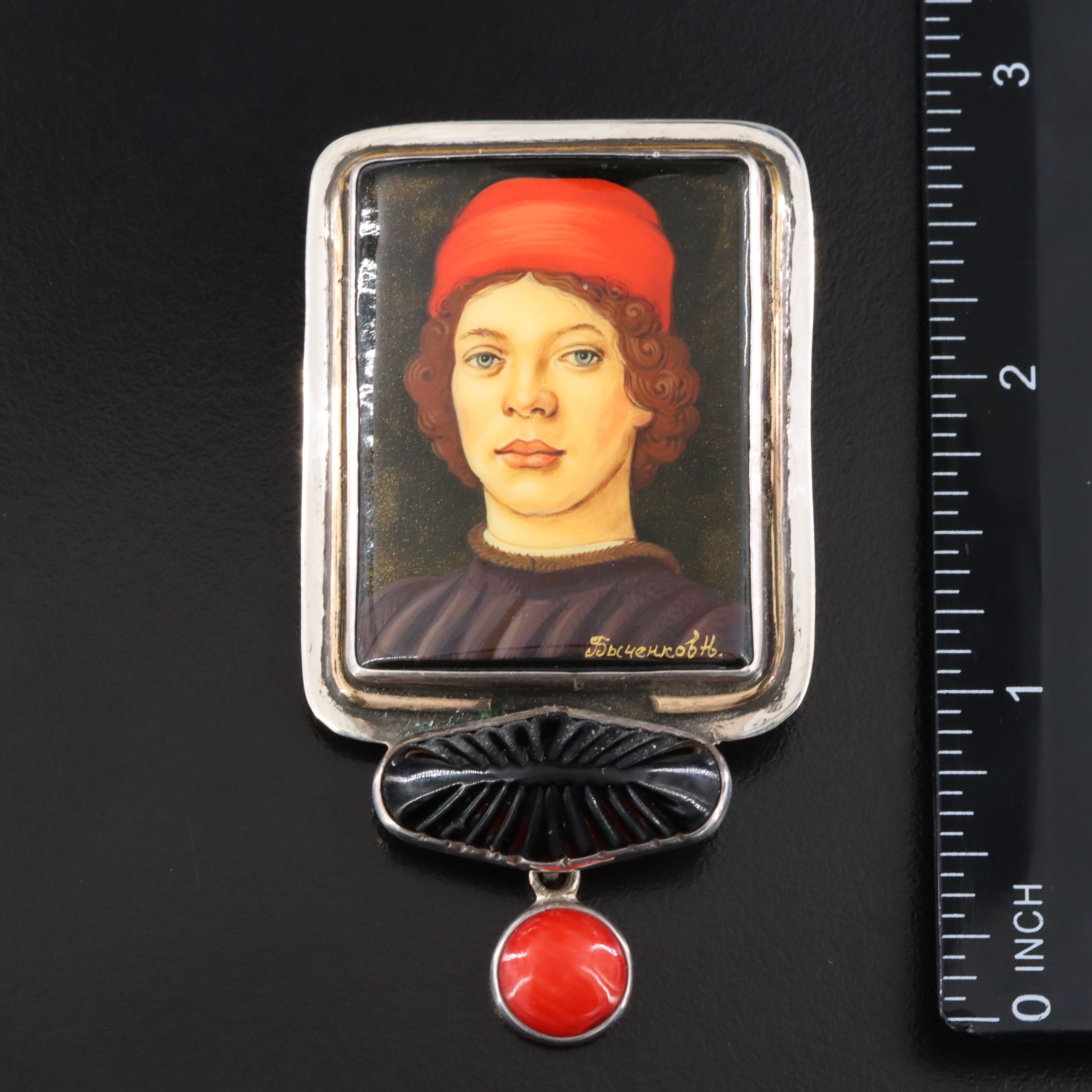 Amy Kahn Russell Sterling Converter Brooch with Russian Lacquer Portrait
