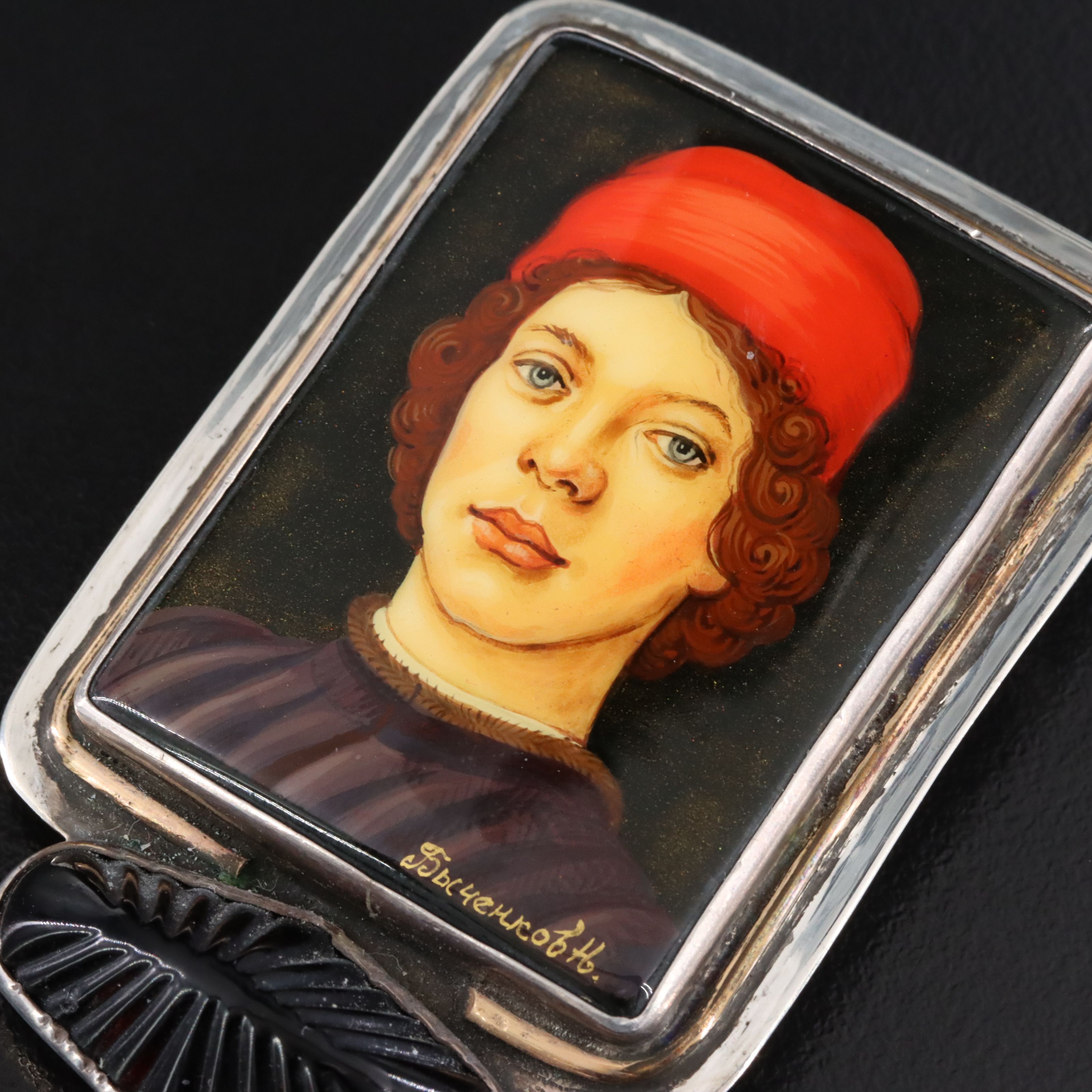 Amy Kahn Russell Sterling Converter Brooch with Russian Lacquer Portrait