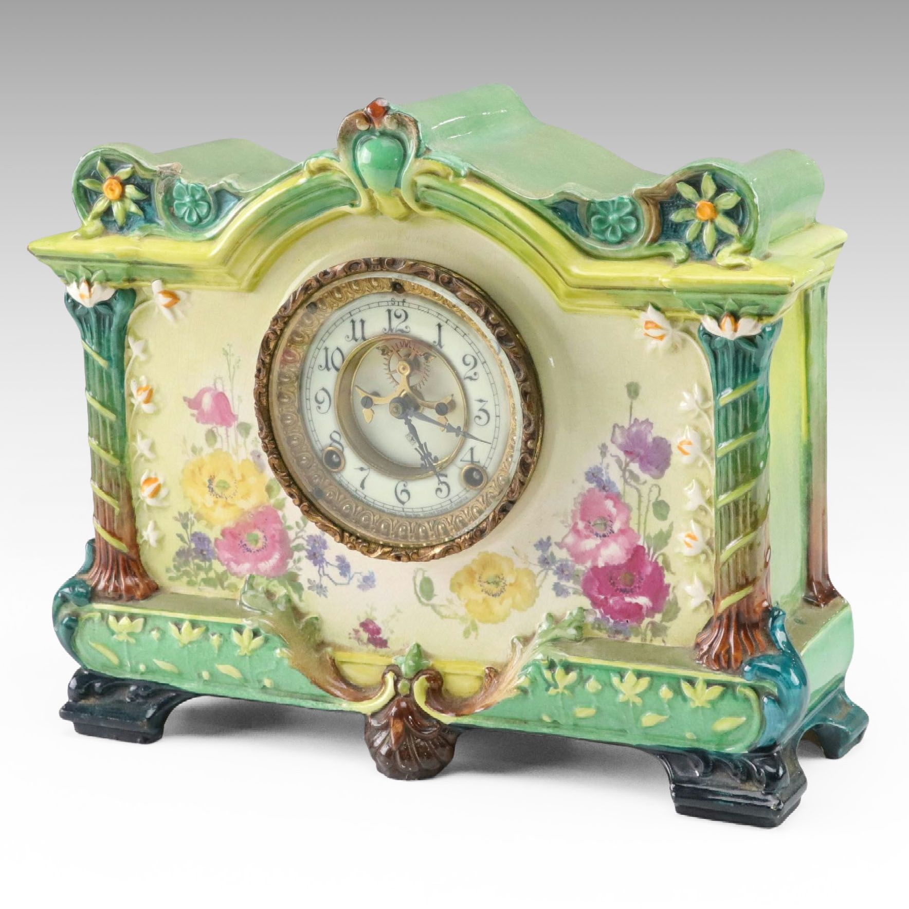 Ansonia and Royal Bonn "La Palma" Porcelain Mantel Clock, Early 20th Century
