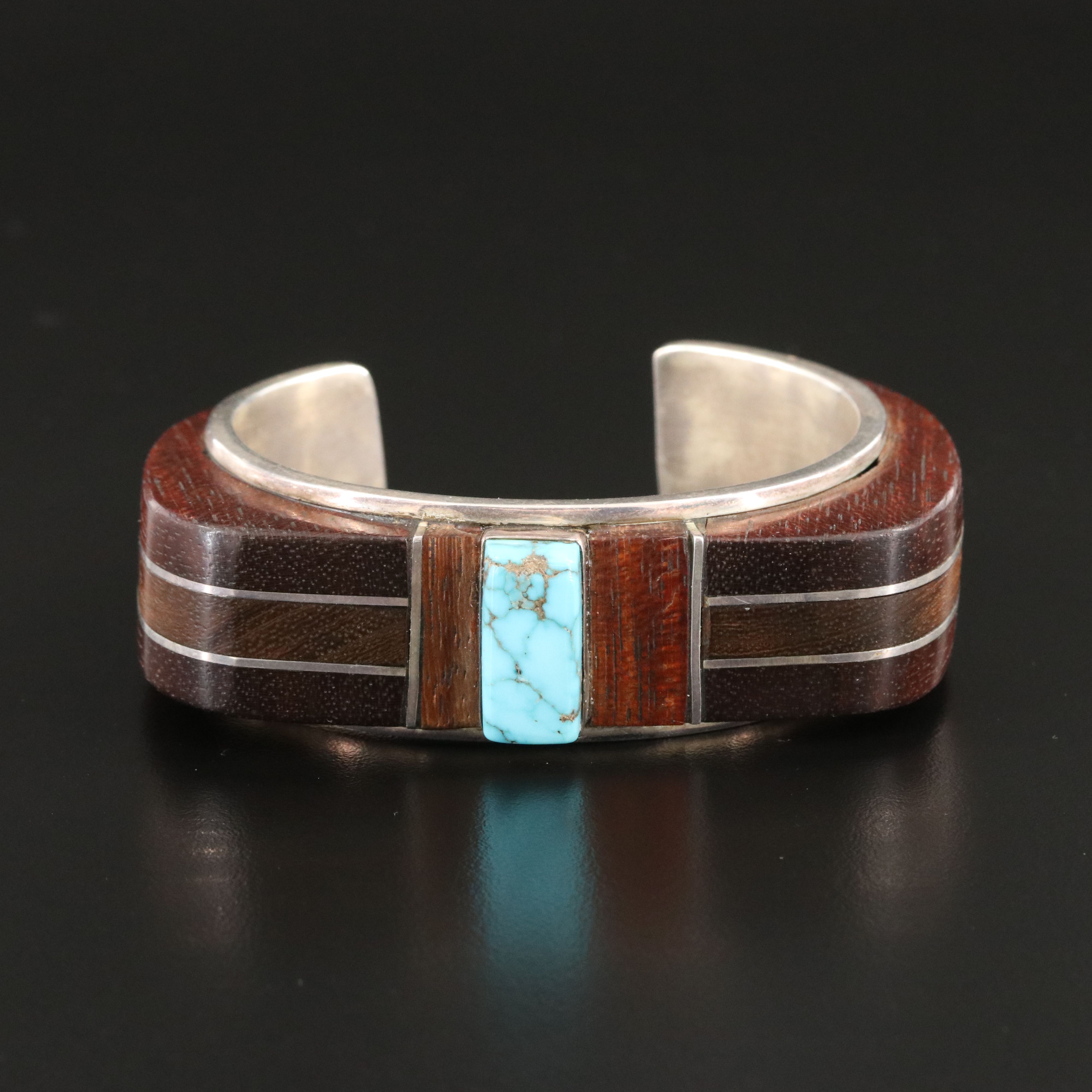 Signed Southwestern Sterling Turquoise and Wood Inlay Bracelet