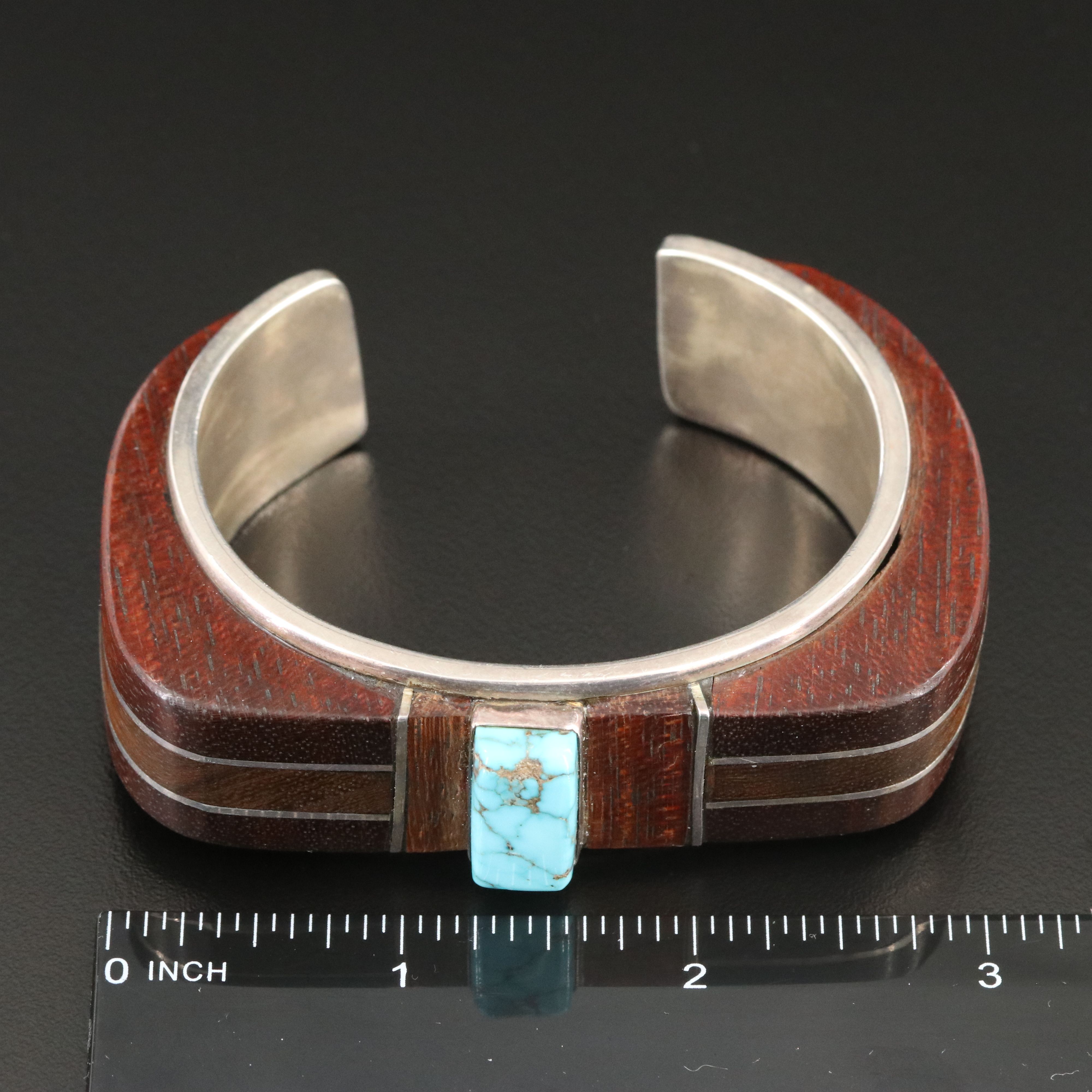 Signed Southwestern Sterling Turquoise and Wood Inlay Bracelet